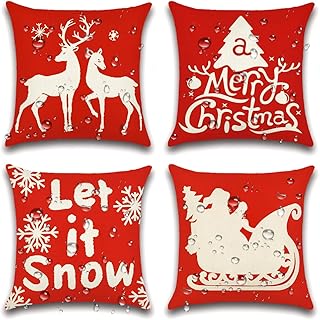 JOTOM Housse de Coussin 45 x 45 cm Sapin de Noël Bonhomme de Neige Taie d'oreiller de Noël Imperméable pour Canapé Maison Salon Chambre Extérieur 4 pièces (Thème de Noël Rouge C)