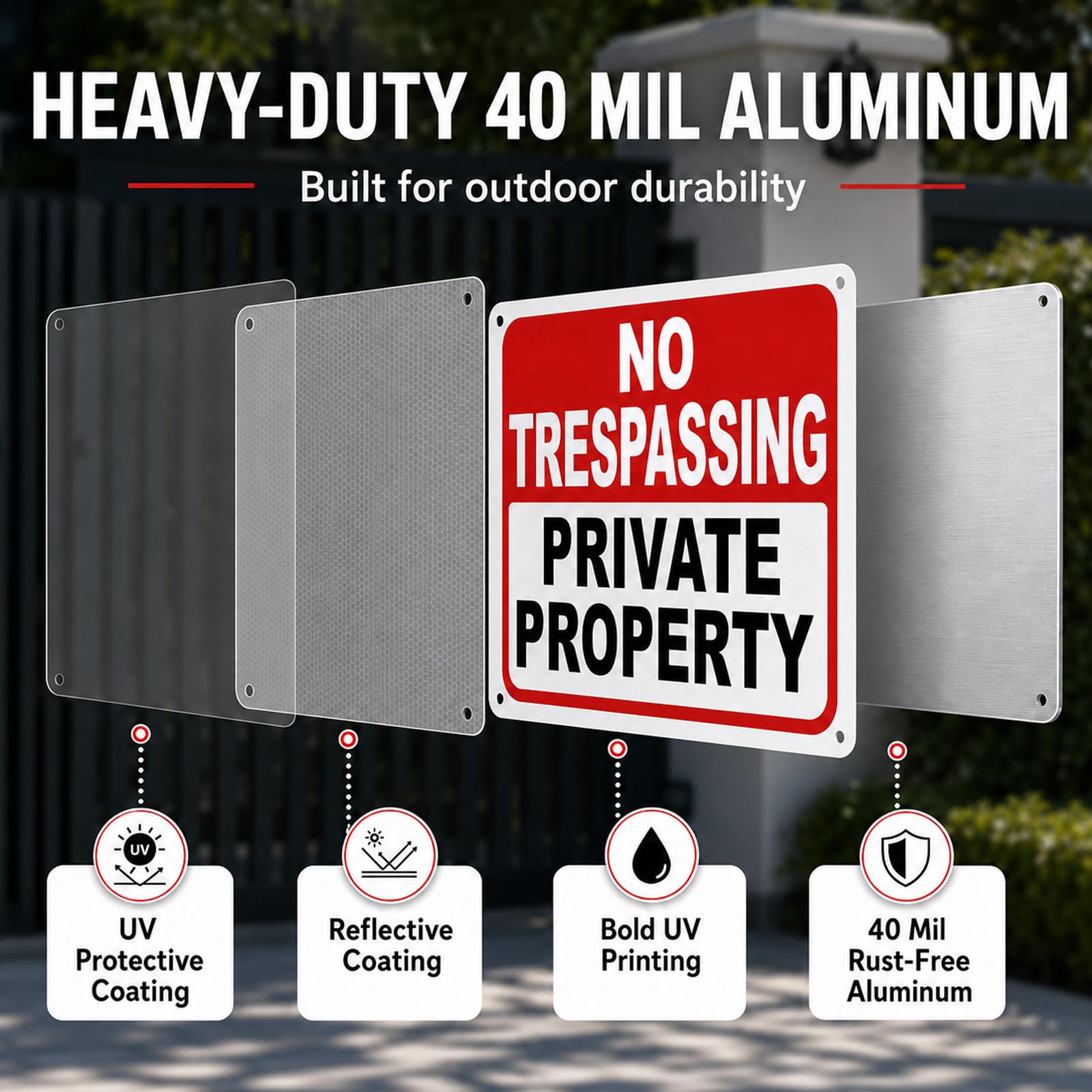 2 Pack No Trespassing Signs Private Property – 10x7 Inch 40 Mil Rust Free Aluminum, Reflective Warning Sign, UV Printed, Weatherproof & Easy to Mount, High Visibility Security Sign for Home & Business — Amazon image 4