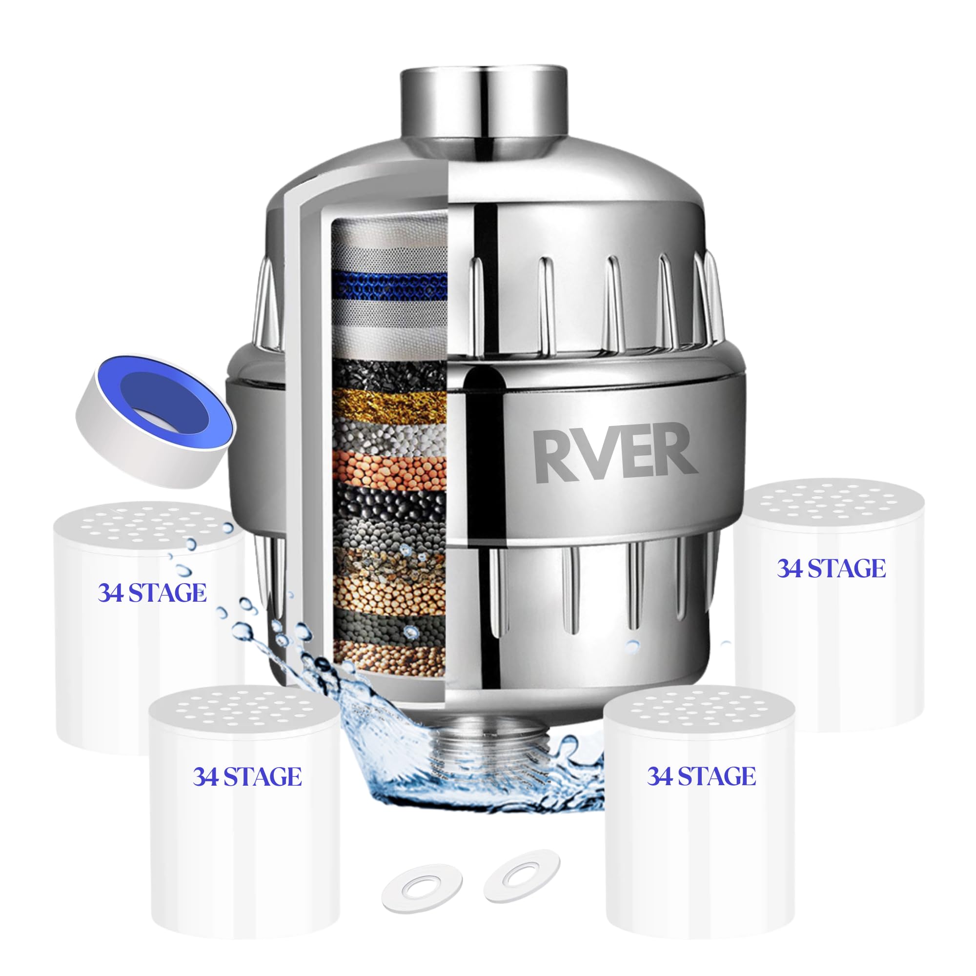 Rver Grey 34 Stage Shower Filter With Vitamin C For Hard Water, Water Softener Shower Head With Replaceable Multi-Stage Shower Head Filter, Removes Chlorine, Fluoride (34 Stage Shower Filter/4 Cartridges)
