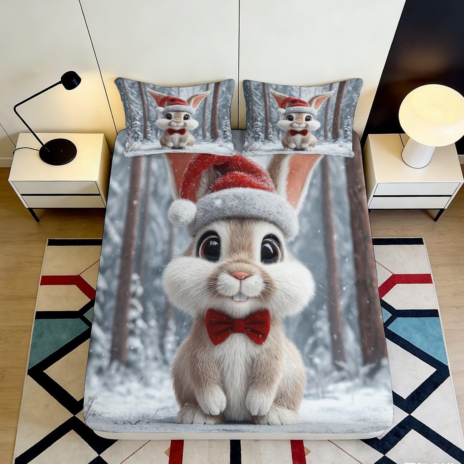 3D Printed Christmas Bunny Fitted Sheet Microfiber Snow Forest Mattress Cover Anti-Slip Machine Washable Bedroom Decor 120x200cm 140x200x25cm