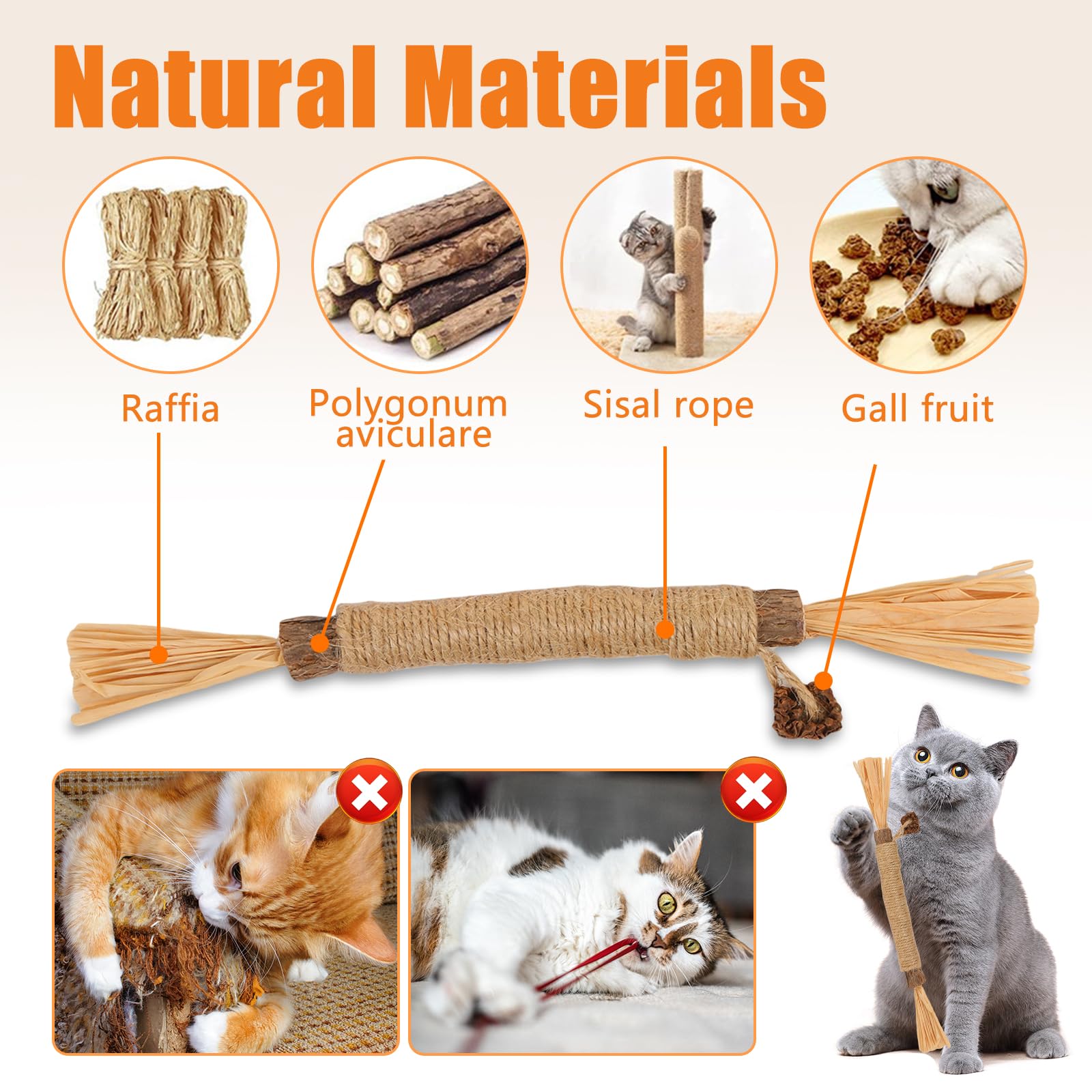 LALASTYLE 6PCS Natural Cat Teething Toy, Cat Chew Toy Bite Rope and Silvervine Chew Sticks, Interactive Kitten Chew Toy - Image 3