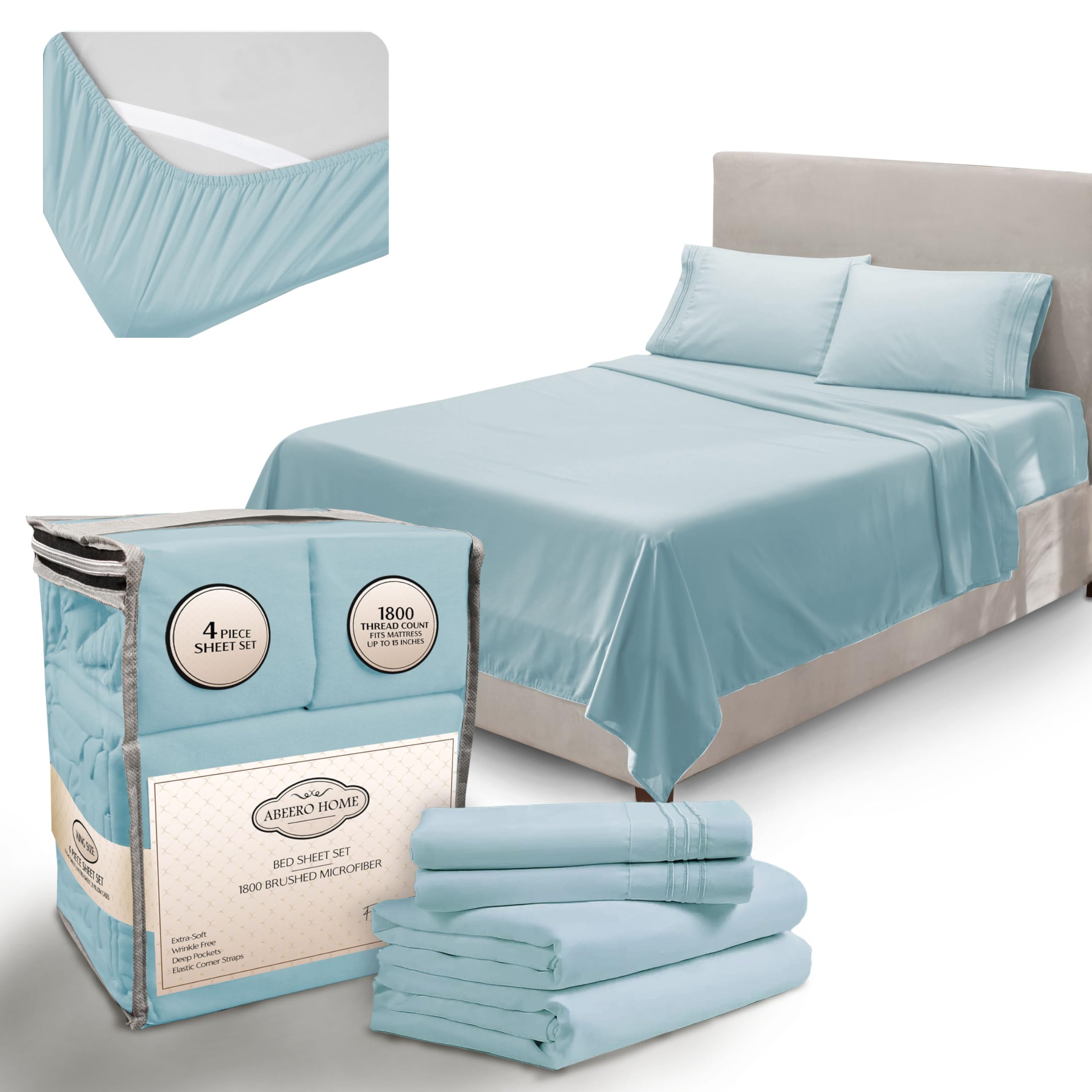 Abeero Home Twin Sheets Set - Luxury Hotel Bed Sheets - Soft Cooling Sheet with Elastic Corner Straps - Deep Pockets Microfiber Bedsheet - Bedding