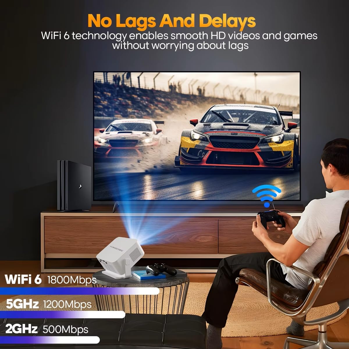 Mini projecteur Compatible 4K et 8K, Android 14 8K 400 ANSI avec WiFi 6 et Bluetooth 5.4, Mise au Point Automatique et Correction trapézoïdale Verticale, Une Utilisation en extérieur et à Domicile.