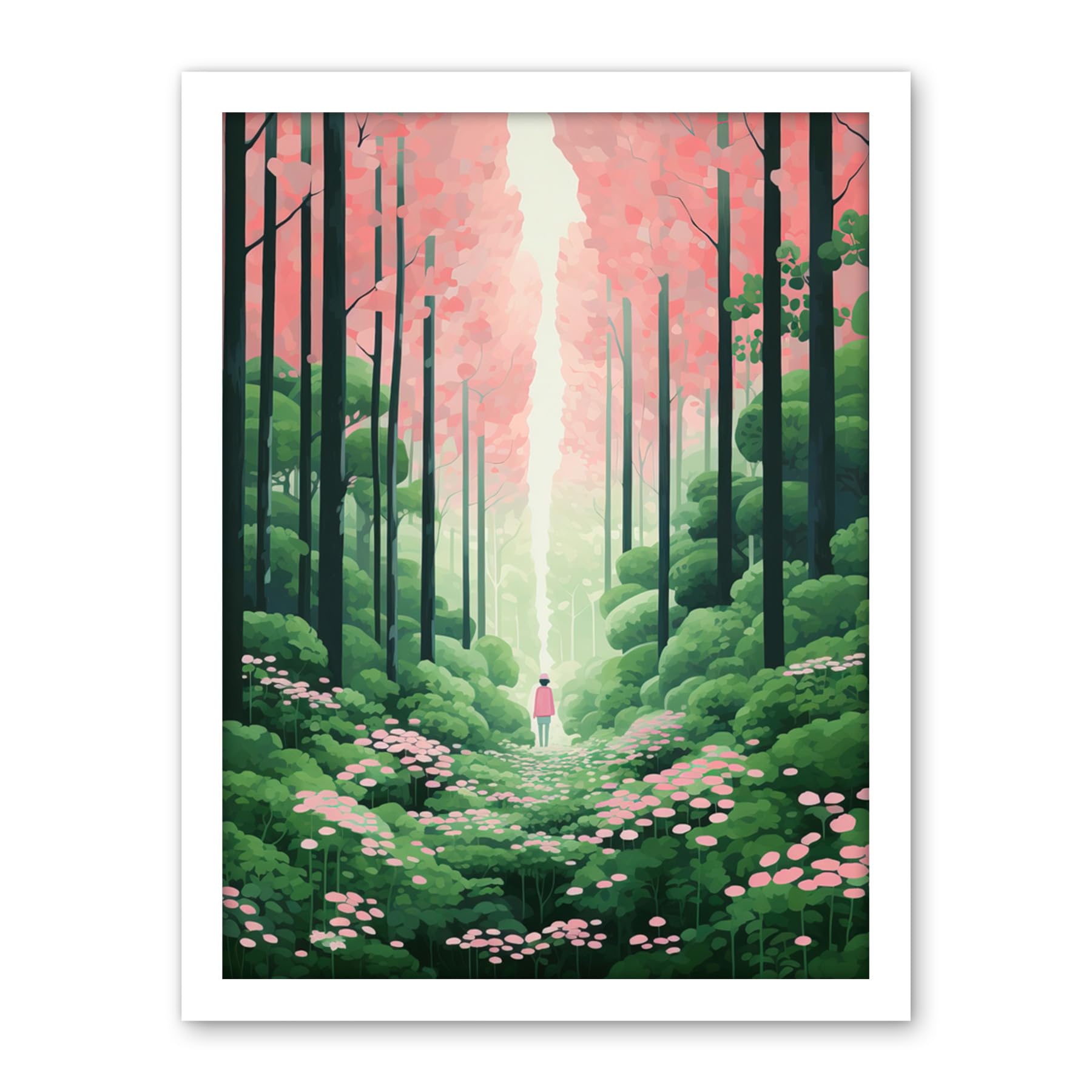 Artery8 Mount Yoshino Cherry Blossom Tree Forest Bright Artwork Baby Pink Green Walk in Nature Trail Artwork Framed Wall Art Print 18X24 Inch