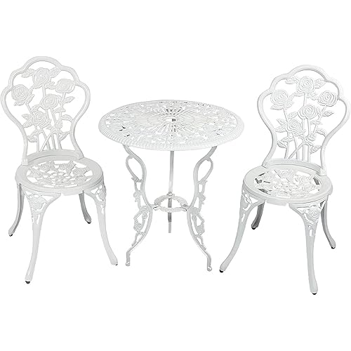 Sunnydaze 3-Piece Flower Designed Bistro Table Set with 2 Chairs, Outdoor Cast Aluminum, White