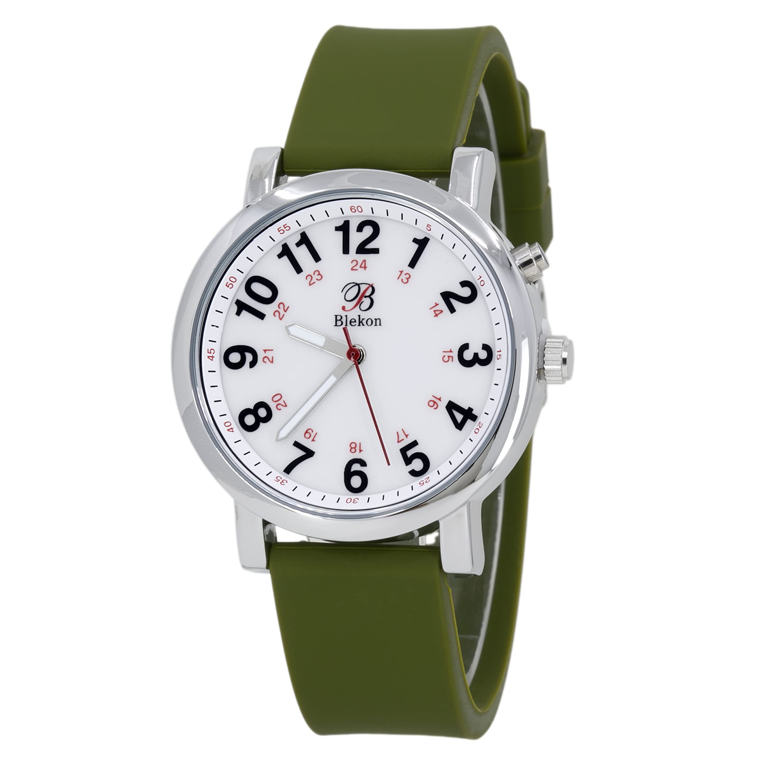 Blekon Original Light Up Dial Nurse Watch – Various Medical Scrub Colors, Easy to Read, Military Time with Second Hand, Silicone Band, Water Resistant Watch Army