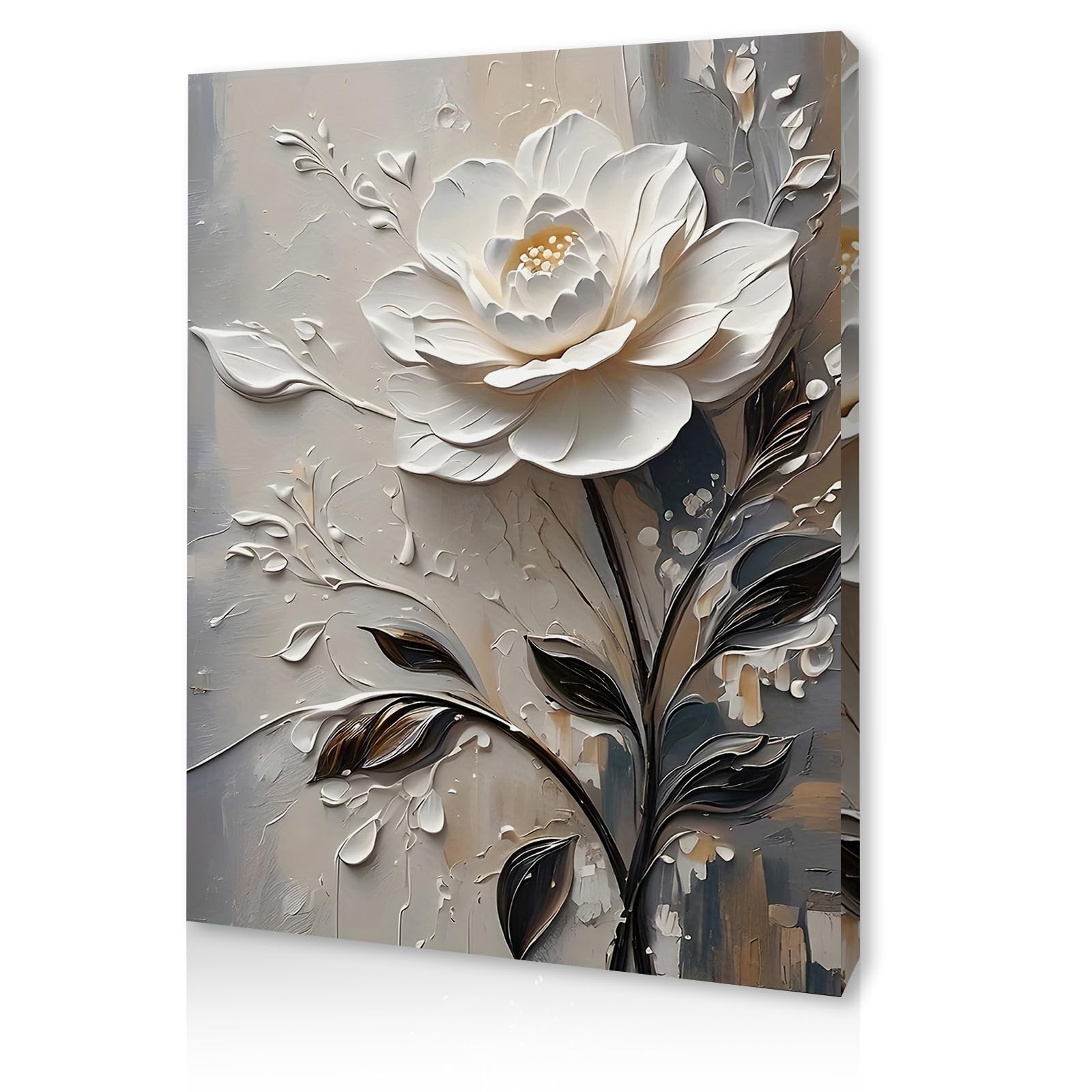 Qiukoo Wall Art Framed Canvas – 3D White Floral Textured Painting for Bedroom Decor, Elegant Canvas Wall Art for Living Room, Hallway, or Office with Pre-Mounted Frame and Hanging Hooks, 12x16 Inch — image 1