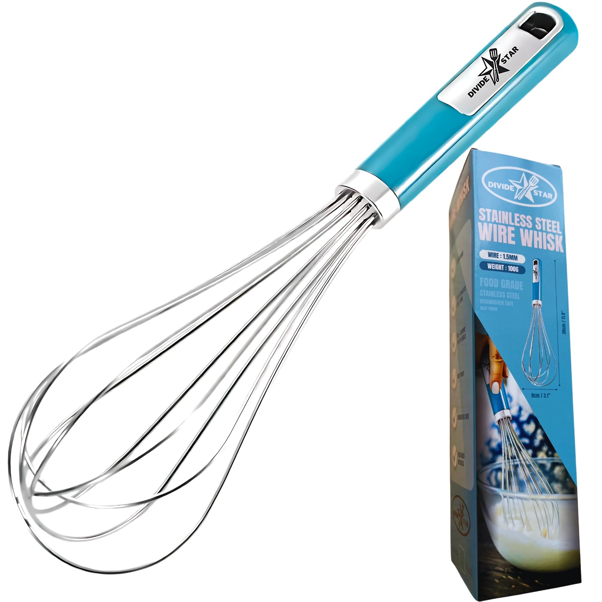Stainless Steel Whisk for Baking & Cooking - Balloon Wire Hand Whisk with Ergonomic Handle, Dishwasher Safe Kitchen Tool for Mixing Eggs, Batter, Cream - Large 12-Inch - DIVIDESTAR (Blue)