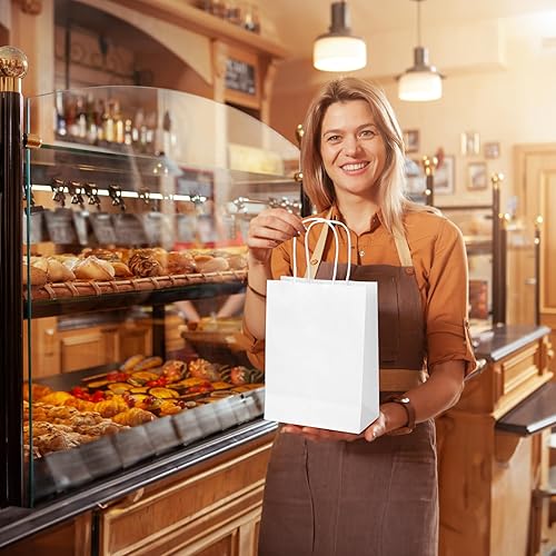 Miniatura 7 de MOZRRO Bolsas de regalo, paquete de 100 unidades de 10.5 x 8.5 x 4.5 pulgadas, bolsas de papel con asas, tamaño mediano, bolsa de regalo blanca para