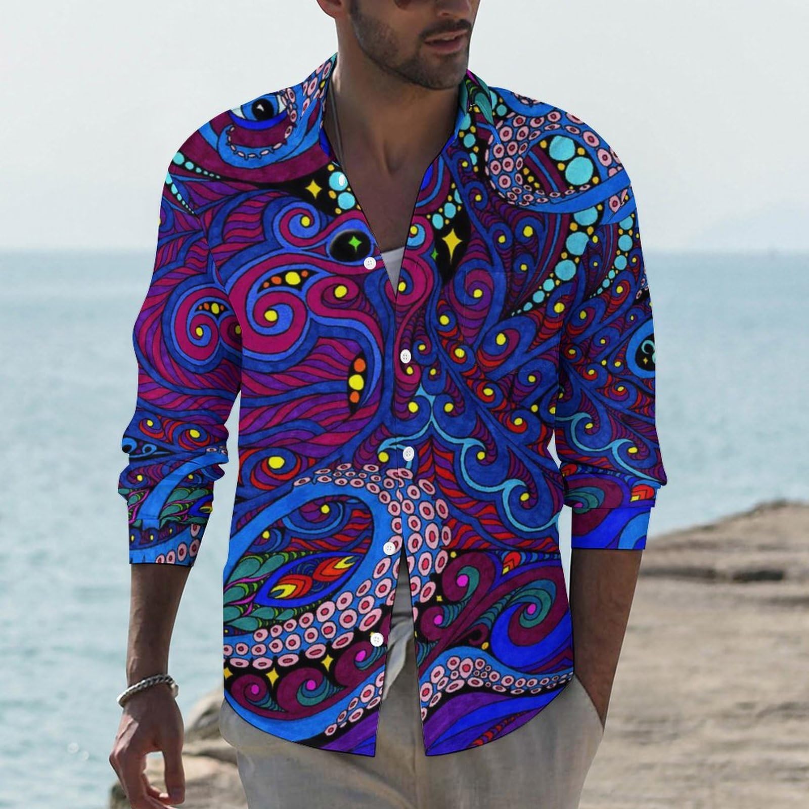 ペイズリー柄 長袖シャツ ネイビー/ゴールド シアーペイズリー柄