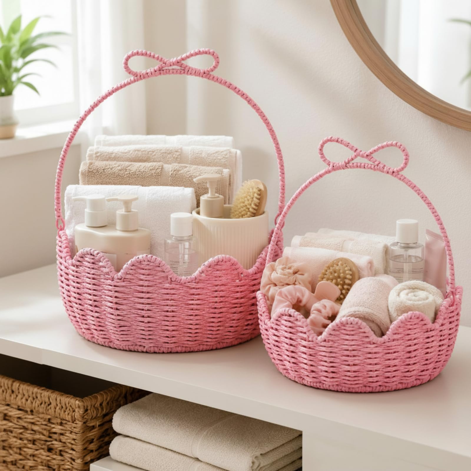 FoldTier 2 Stück rosa Oster-Geschenkkorb leer mit Griff, gewebtes Papierseil, Osterkorb zum Verschenken, Aufbewahren, Versammeln, Futtersuche, Gartentrug, Dekoration, groß und mittelgroß, 30,5 x 25,4