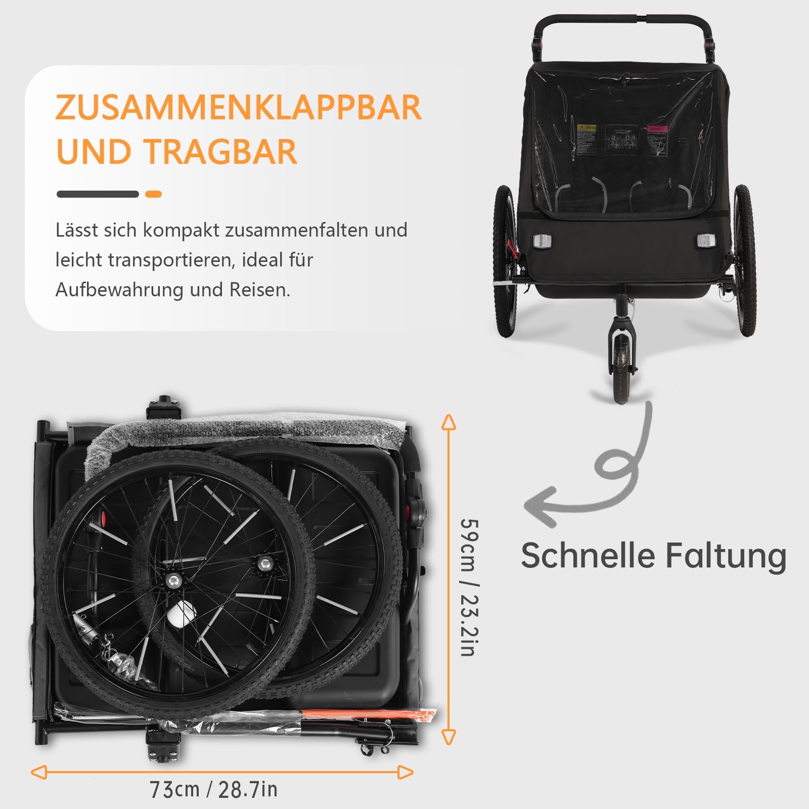 Remorque 2 en 1 pour Enfant avec Suspension pour 1 à 2 Enfants, remorque de vélo Pliable pour 2 Enfants, Poussette avec Grand Espace de Rangement, Fonction Jogging, réflecteurs