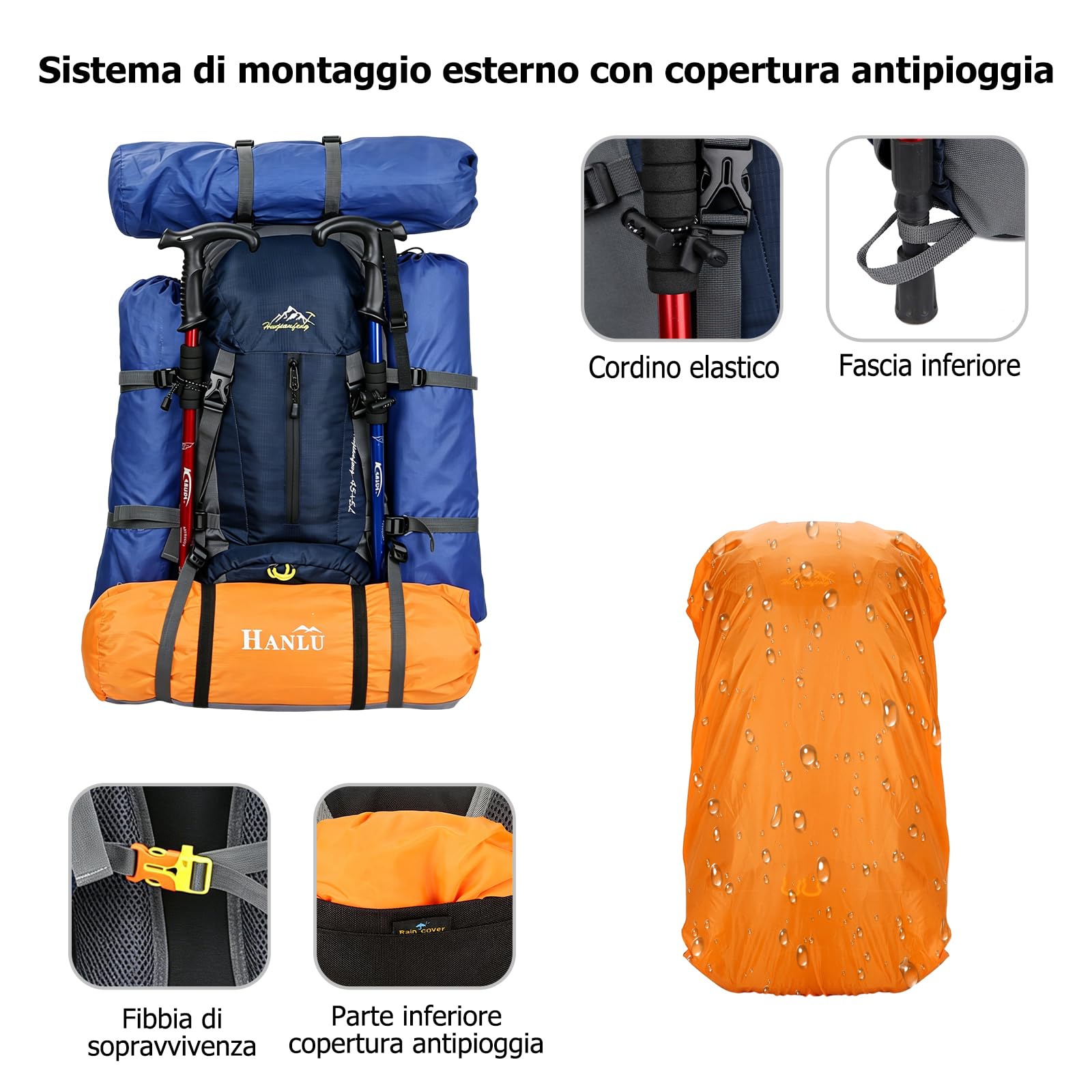Zaino da Trekking 50L Zaino Impermeabile in Nylon Grande Zaini Campeggio Backpack Viaggio Multi Scomparto Verde Militare