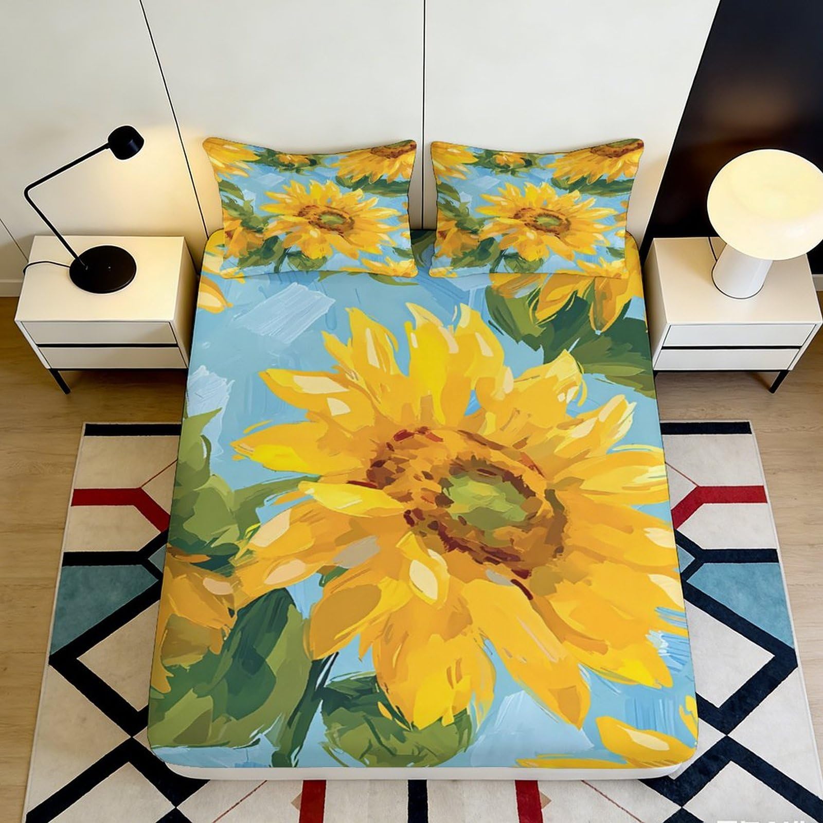 Jqzkxnhpbr Style-7 3D Printed Sunflower Fitted Sheet Microfiber Yellow Green Floral Bed Cover For Bedroom Guest Room Mattress Protection 90X200x25cm