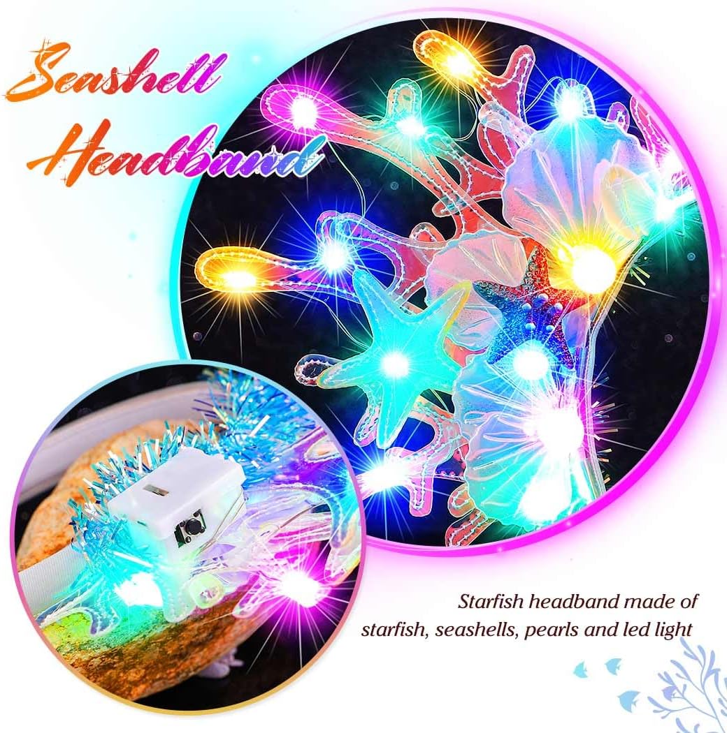 GORTIN Light up Mermaid Headband LED Starfish Headbands Sea Shell Headpiece Costume Hair Accessories for Women - Image 7