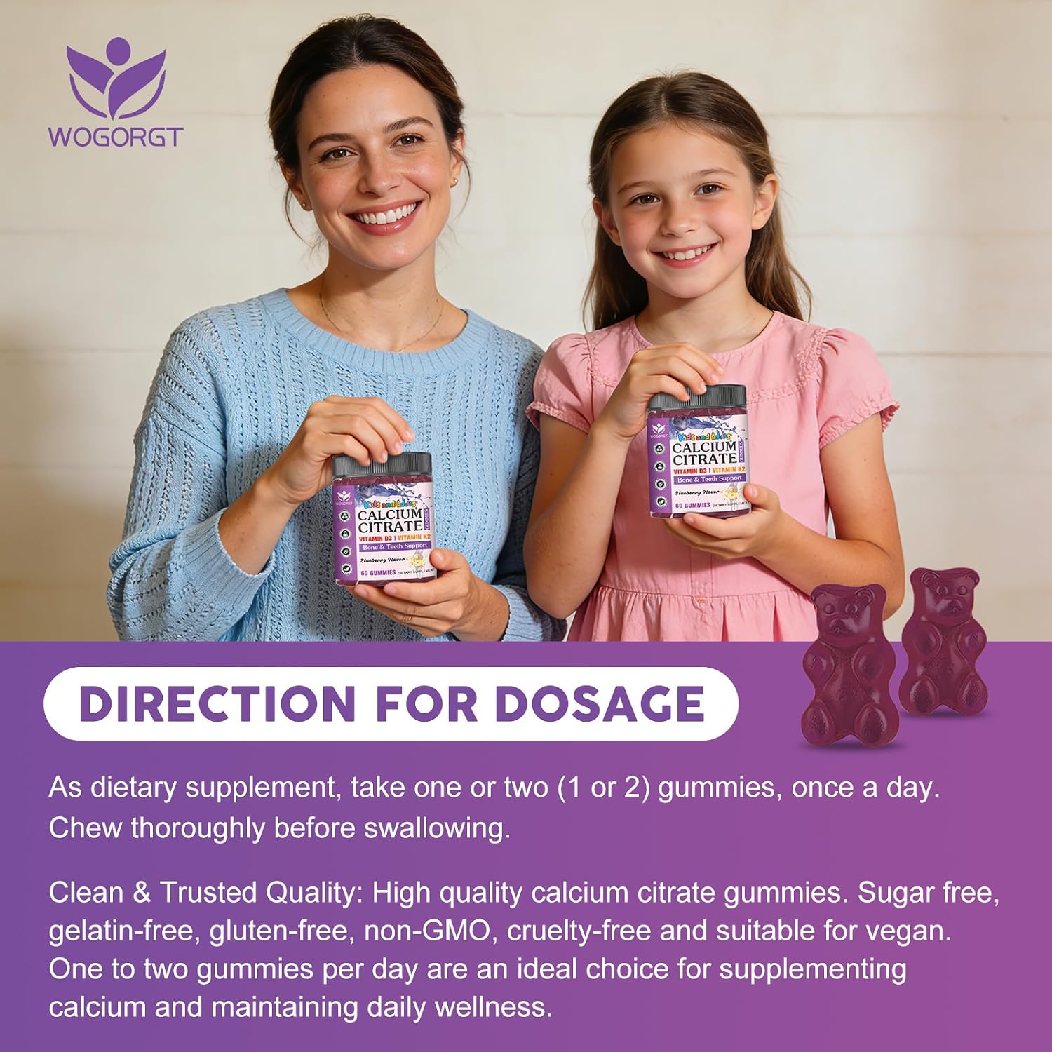 Calcium Citrate Gummies with Vitamin D3 for Kids & Adults - 600mg/1200mg Calcium Citrate Supplement with Vitamin D3 & K2 for Women & Men - Bone & Immune Support - Sugar Free, Blueberry Flavor, 60 Ct