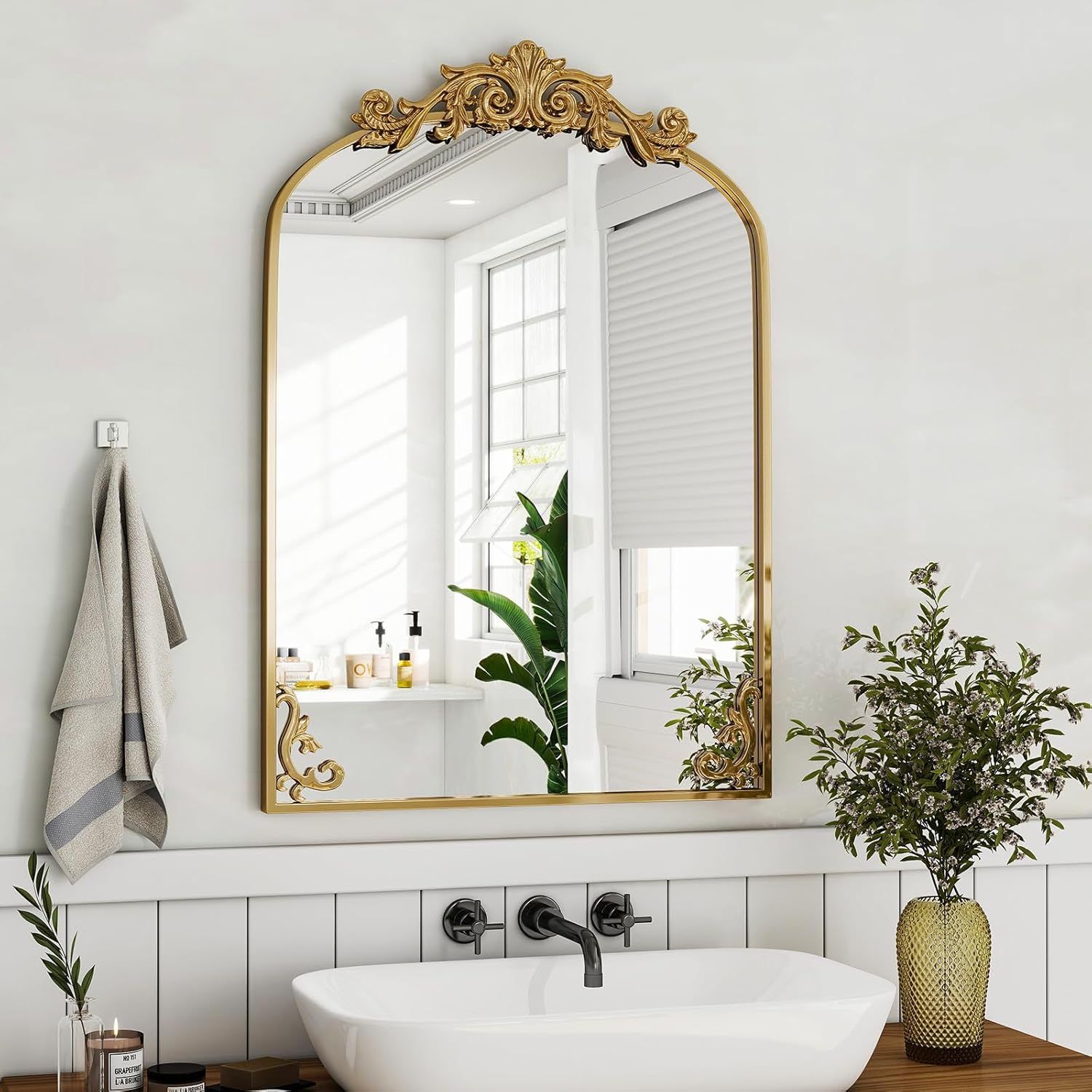 36"x 24" Arched Bathroom Mirror, Wall-Mounted Mirror with Carved Metal Frame & Bottom Art Carved, Vanity Mirror for Home Decor, Hanging Wall Mirror with Baroque Ornate Carved Accents, Vintage Gold