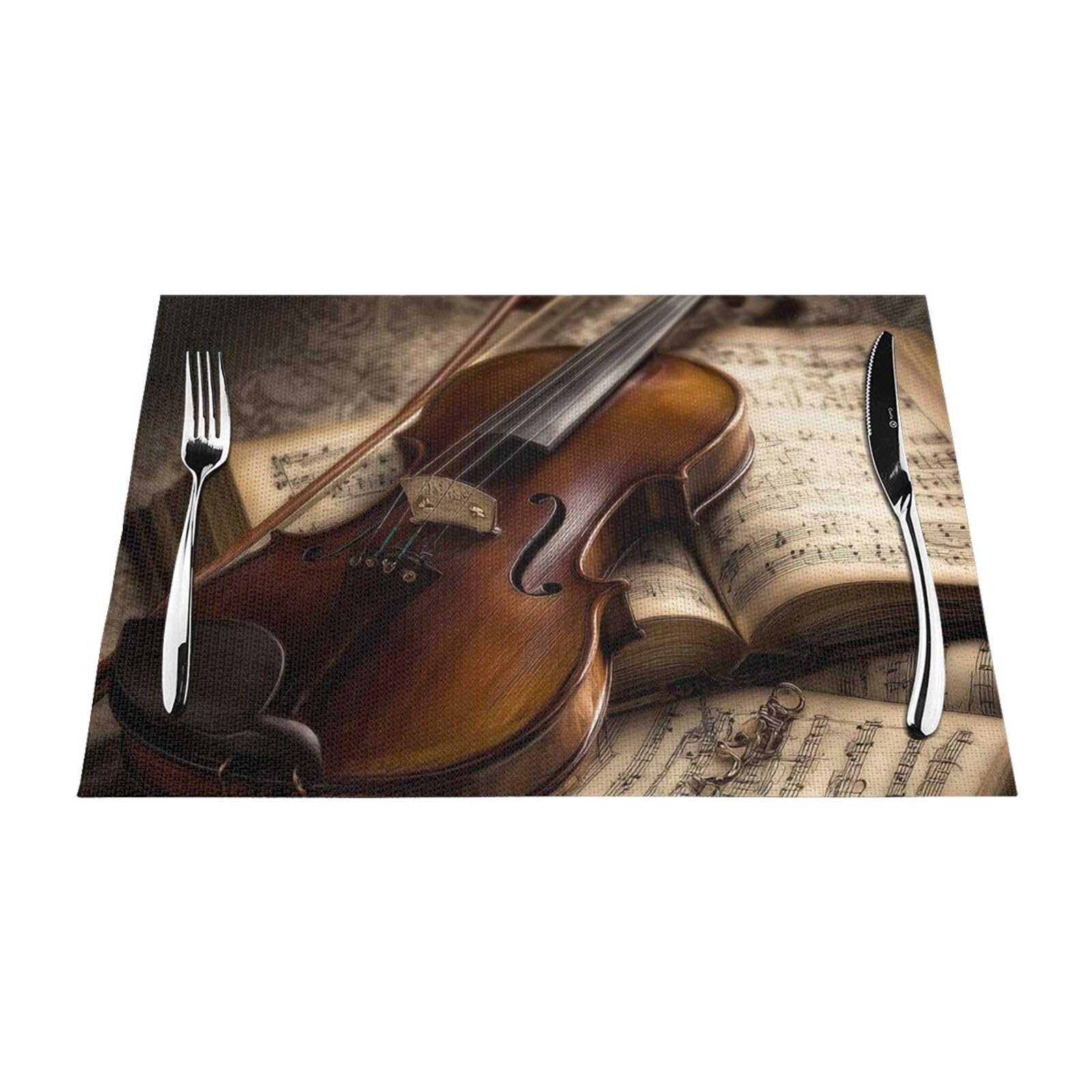 Placemats Set of 6 PCS Washable PVC Table Mats Heat Resistant Vinyl Woven Place Mats Violin and Book Placemats Non-Slip Wipeable Placemats for Kitchen Dining Table Decoration 45 x 30 cm