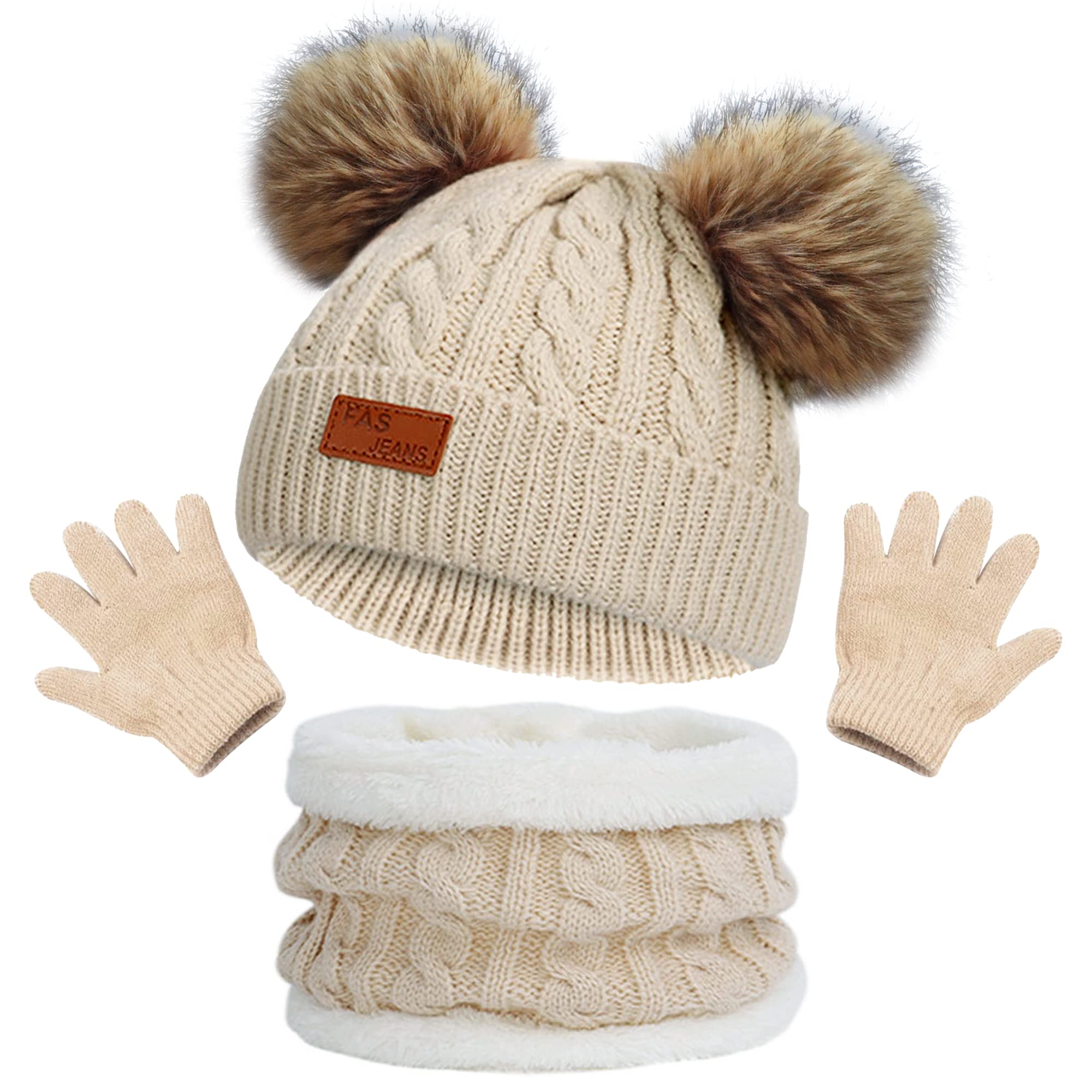 Beifon Girls Beige Kids Winter Warm Beanie Hat Scarf Gloves Set Thermal Knit Crochet Thick Fluffy Toddler Scarf Double Pom Pom Bobble Hat With Faux Fur For Boys Children Toddler Aged 3-8