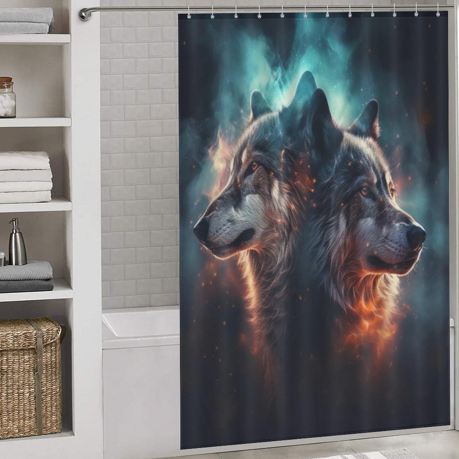 Rideau de douche loup anti-éclaboussures en tissu lavable résistant