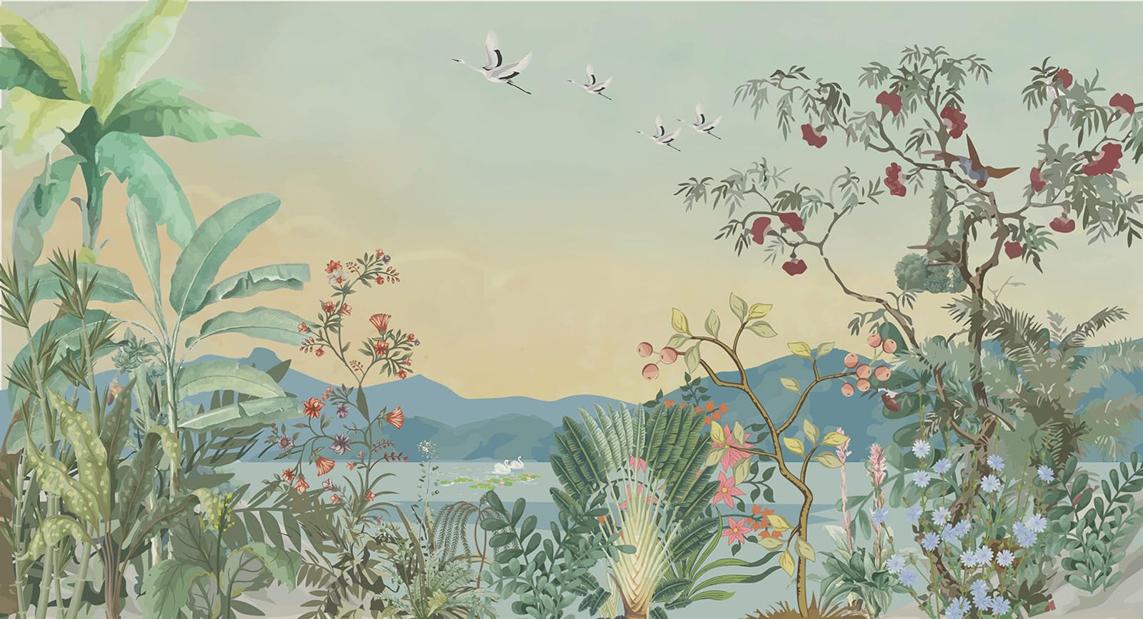 Papier peint panoramique Jardin Oiseaux Lumalea - Fresque murale luxe 591x320