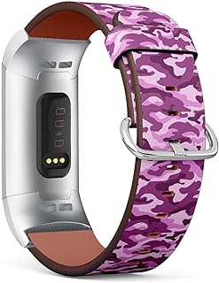 Compatible with Fitbit Charge 3 / Charge 3 SE - Leather Band Bracelet Strap Wristband Replacement with Adapters - Camouflage Pink Monochrome