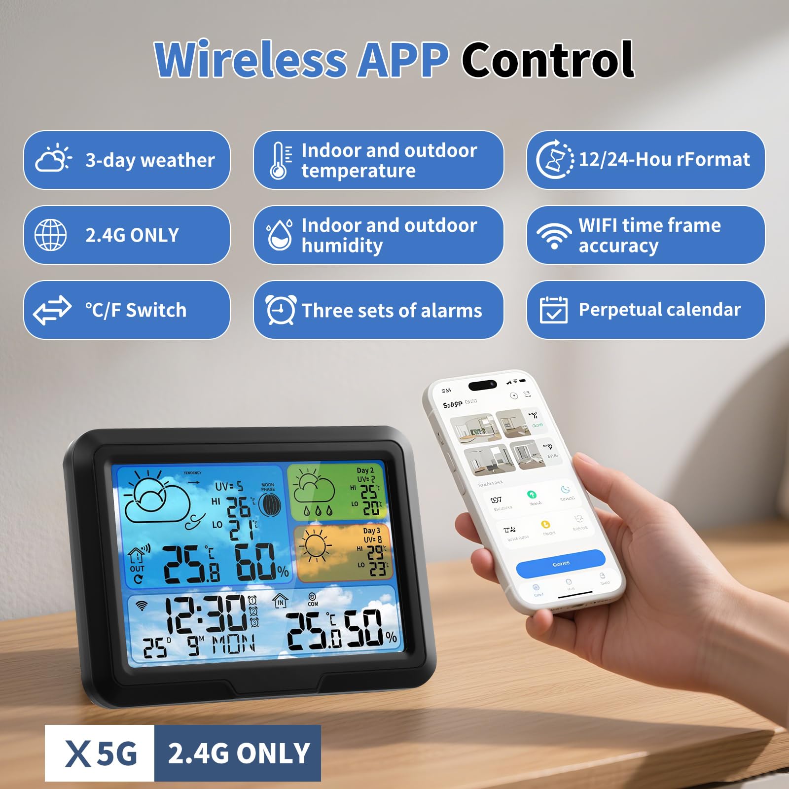 Stazione Meteo Wi-Fi con Sensore Esterno Tuya Smartlife Allarme Sveglia Schermo LCD Colorato Previsioni Meteorologiche Wireless Bianco