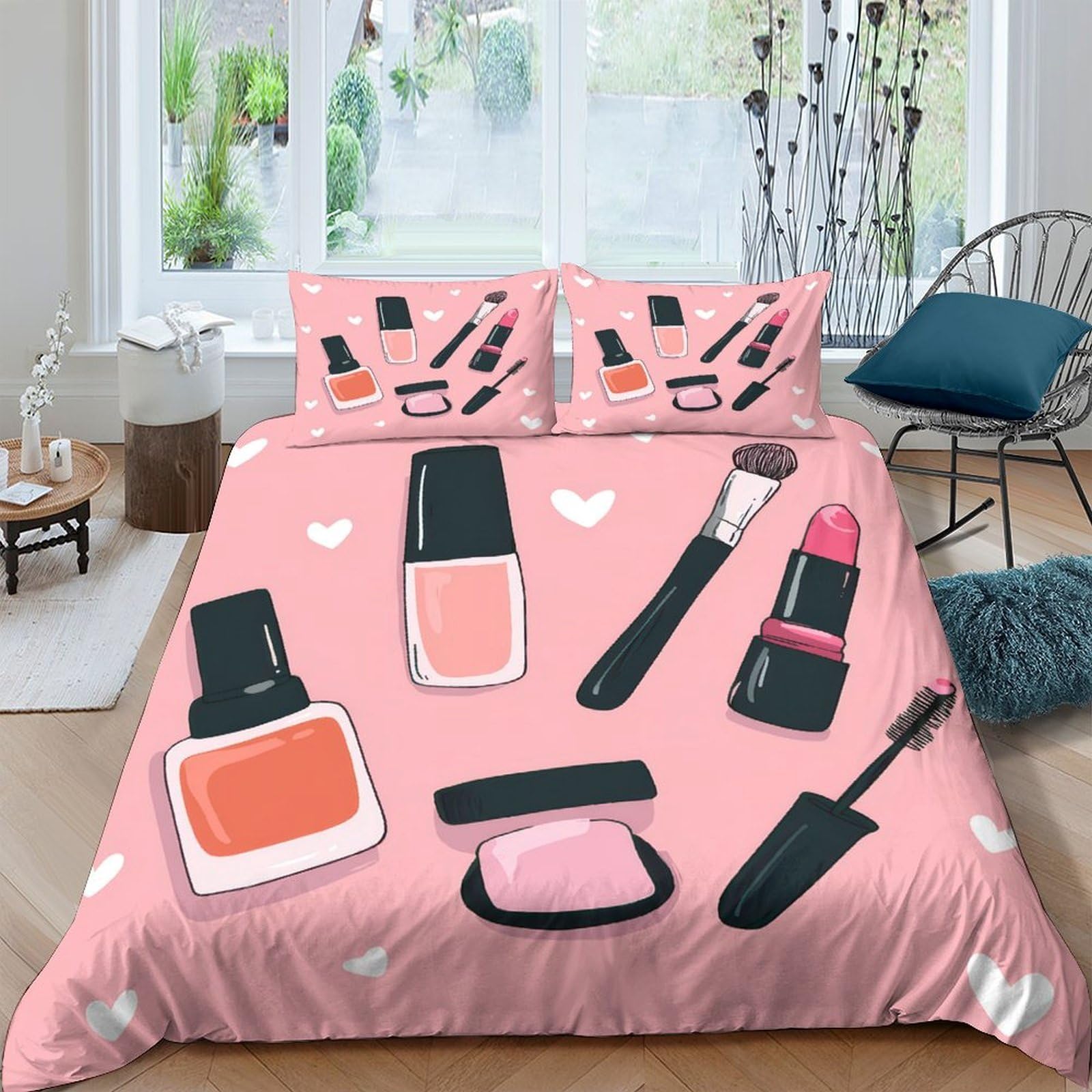 Housse de couette maquillage microfibre parure de lit rose douce hypoallergénique pour fille