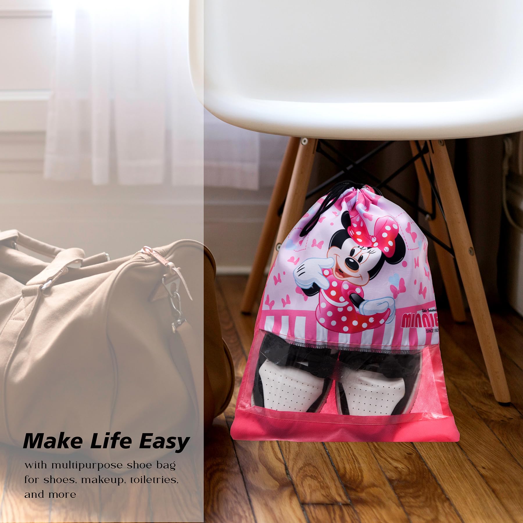 Kuber Industries Disney Minnie Schuhüberzug | Reise-Schuhaufbewahrungstaschen | Polyester-Aufbewahrungstasche | Schuhüberzug mit Kordelzug | Schuh-Organizer mit transparentem Fenster | 6 Stück | Rosa