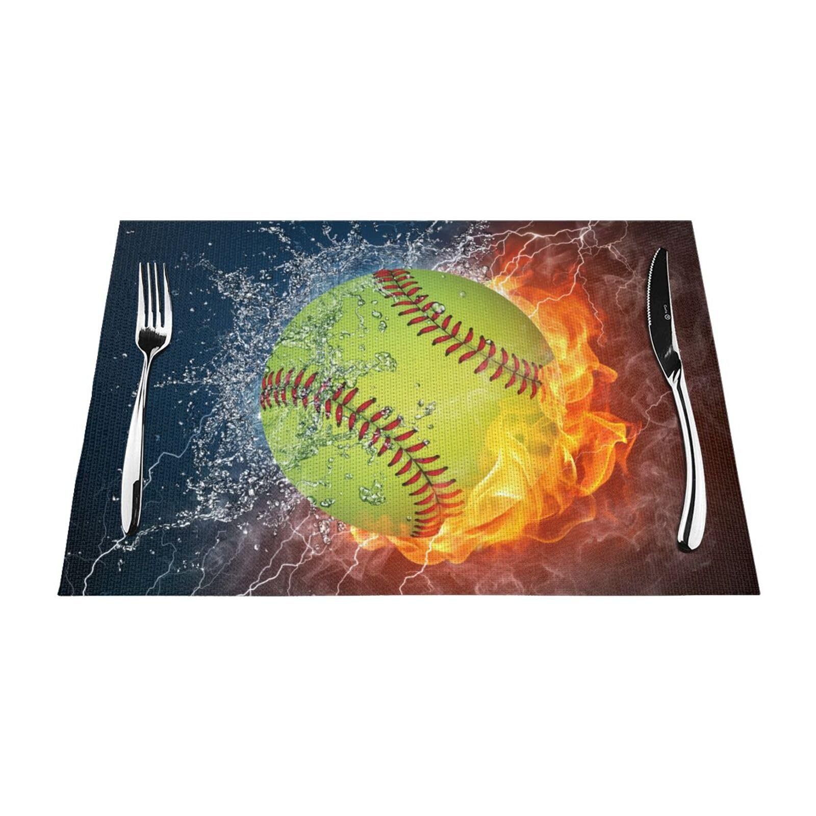 PVC Placemat Set of 1 PCS, 45x30 CM, Orange Softball Baseball on Fire and Water Printed Non-Slip Heat Resistant Place Mats for Kitchen Dining Table Indoor Outdoor