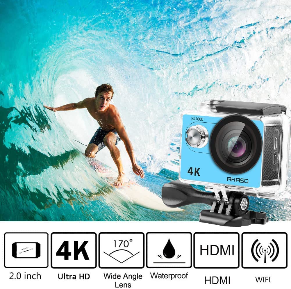 AKASO EK7000 Action Cam 4K 30FPS, WiFi 20MP Fotocamera Subacquea 30M, Videocamera Stabilizzata Caricabatterie con 2 Batterie Angolo di 170° Telecomando 2.4G e Kit Accesorios Multiples (Blu)
