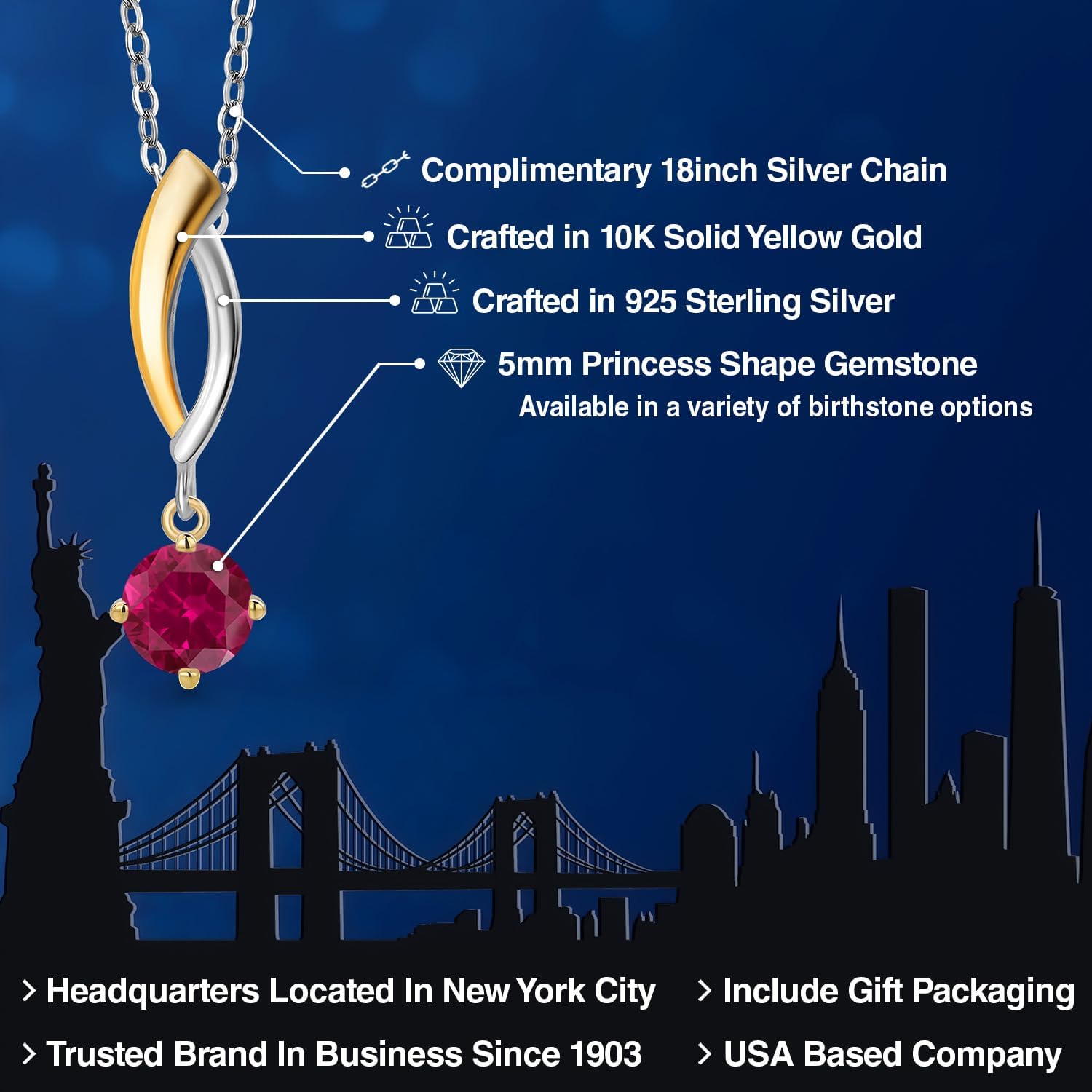 Gem Stone King 925 Silver and 10K Yellow Gold Red Created Ruby Pendant Necklace for Women | 0.60 Cttw | Gemstone July Birthstone | Round 5MM | With 18 Inch Silver Chain - Image 2