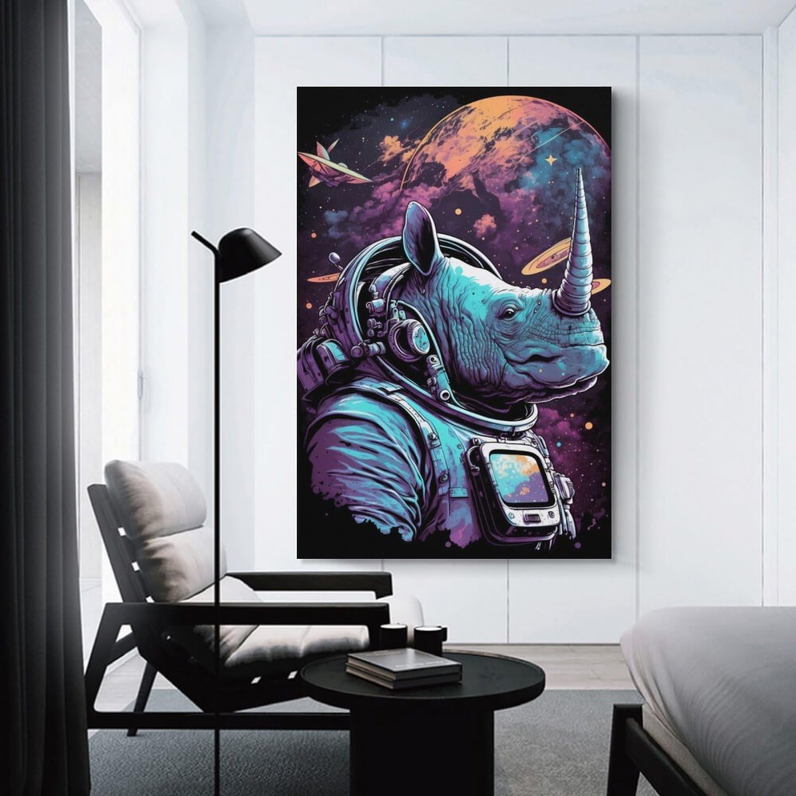 Junmoney Unframe-Style-2 Space Rhino Astronaut Art Print Wall Art Print, 24X36inch(60X90cm), For Living Room, Bedroom, Office Or Hallway, A Flexible Wall Accent For Shared Spaces