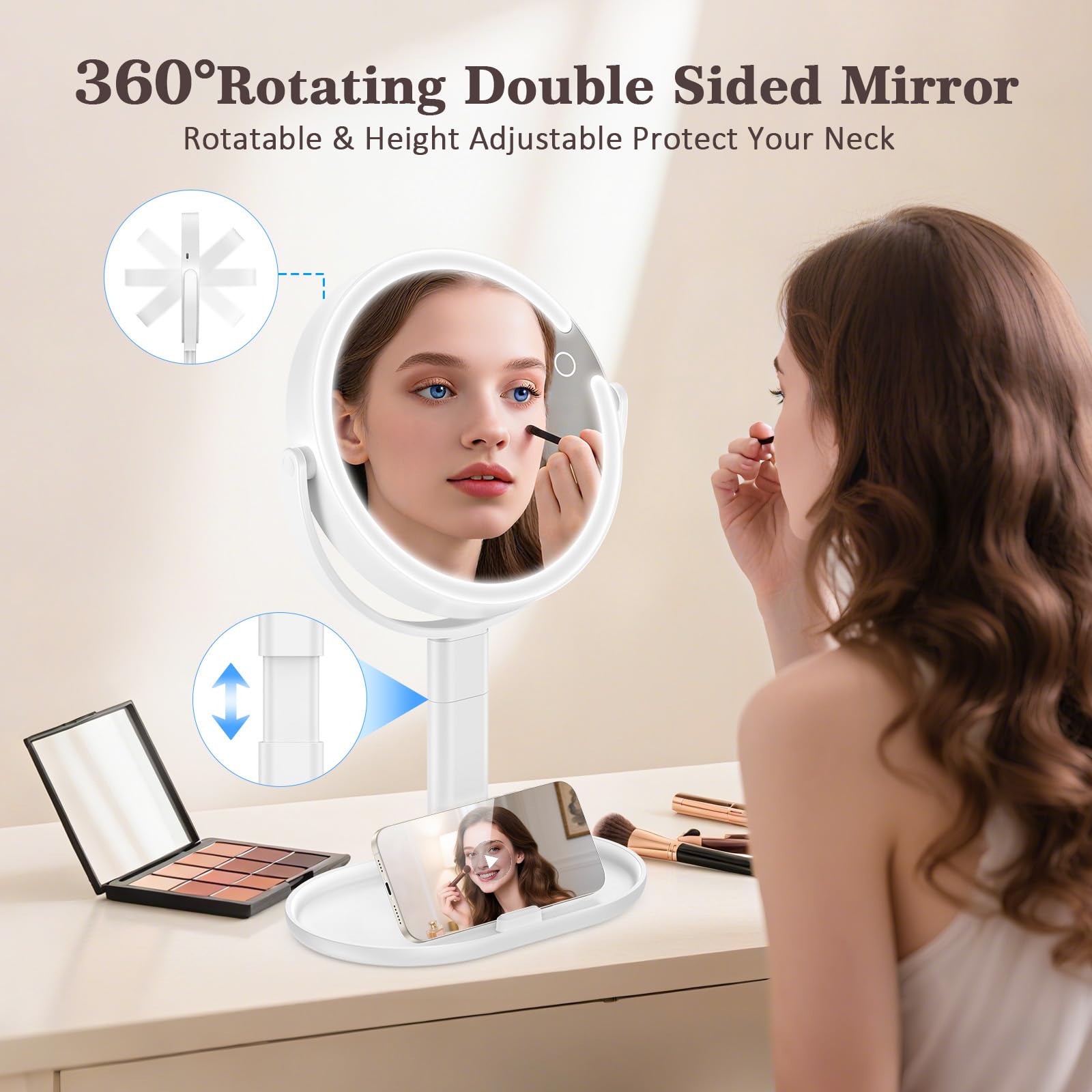 Espejo de maquillaje con luces, aumento 1X/15X con luz LED de 3 niveles, espejo de aumento recargable de 4000 mAh de 2 caras, espejo de escritorio de rotación de 360°, espejo de mesa de altura