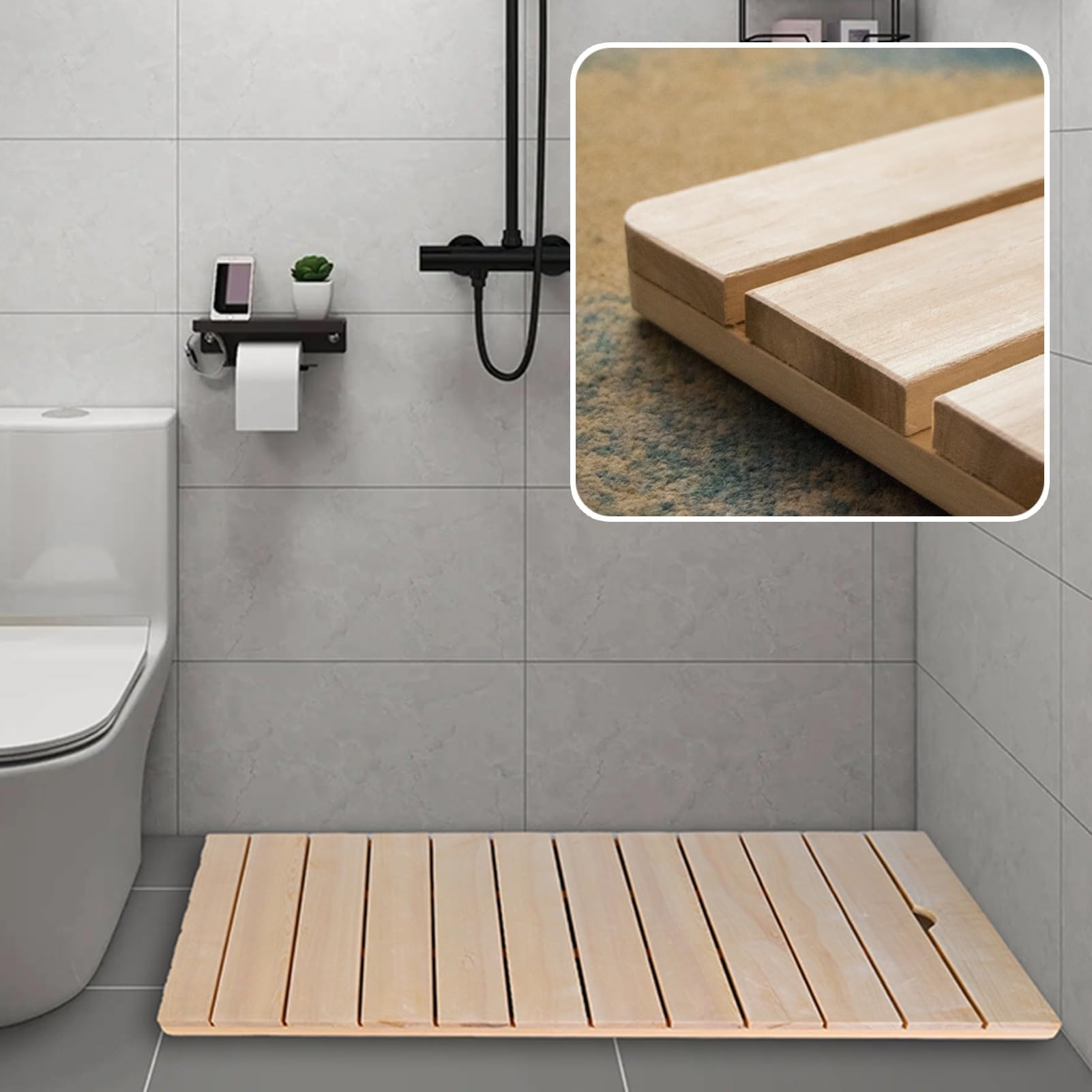 QIYFOZ Waterproof Natural Wooden Shower Mat - Unpainted 36x36in Bath Mat with Handle, Spa & Beach Drain Board, Stylish Grille Slats Design for Bathroom Use