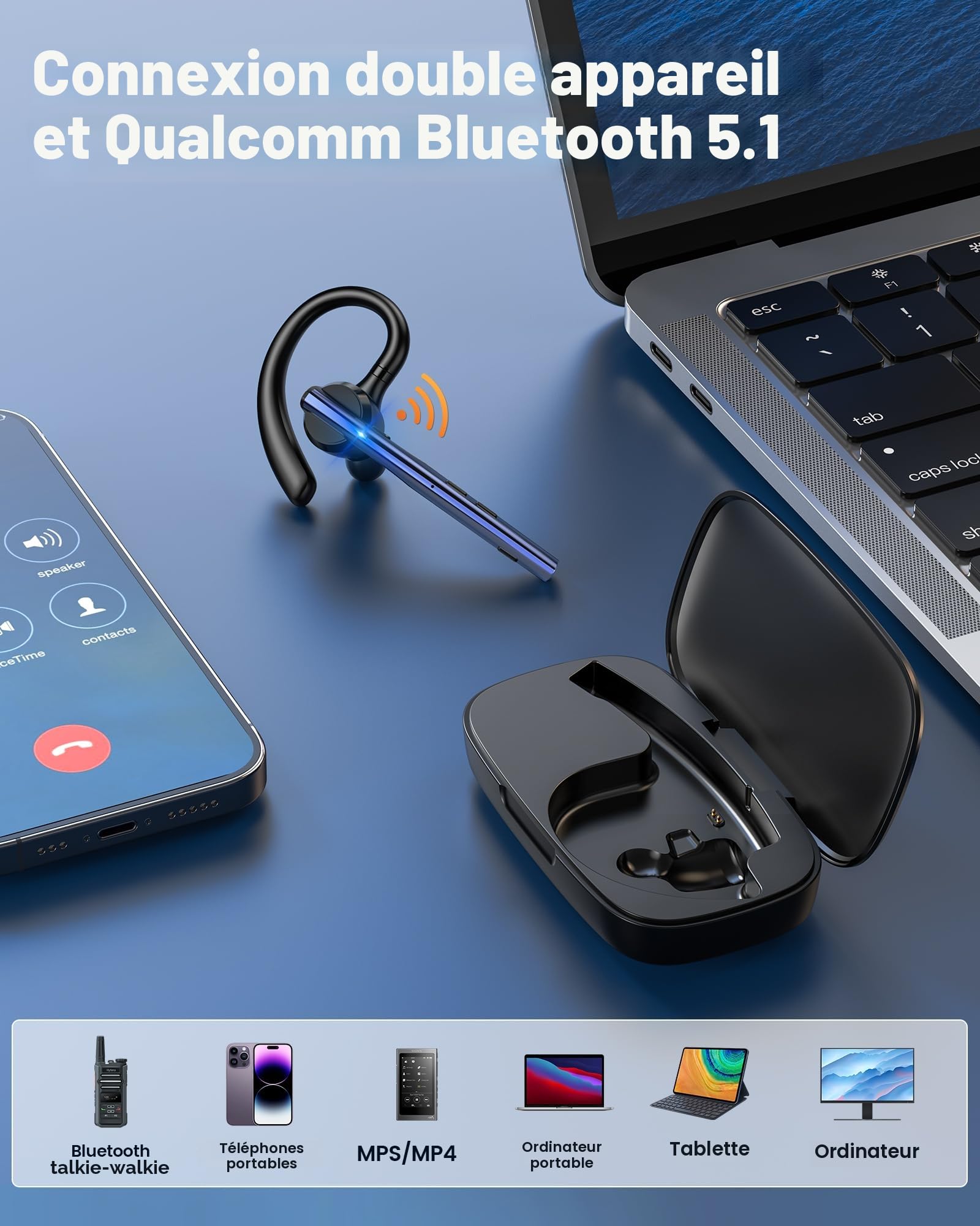 New Bee Oreillette Bluetooth sans Fil Kit V5.1 Main Libre Bluetooth Oreillette Double Mic ENC Cancellation 12 Hrs D'autonomie en Conversation Continue pour La Conduite/Le Bureau