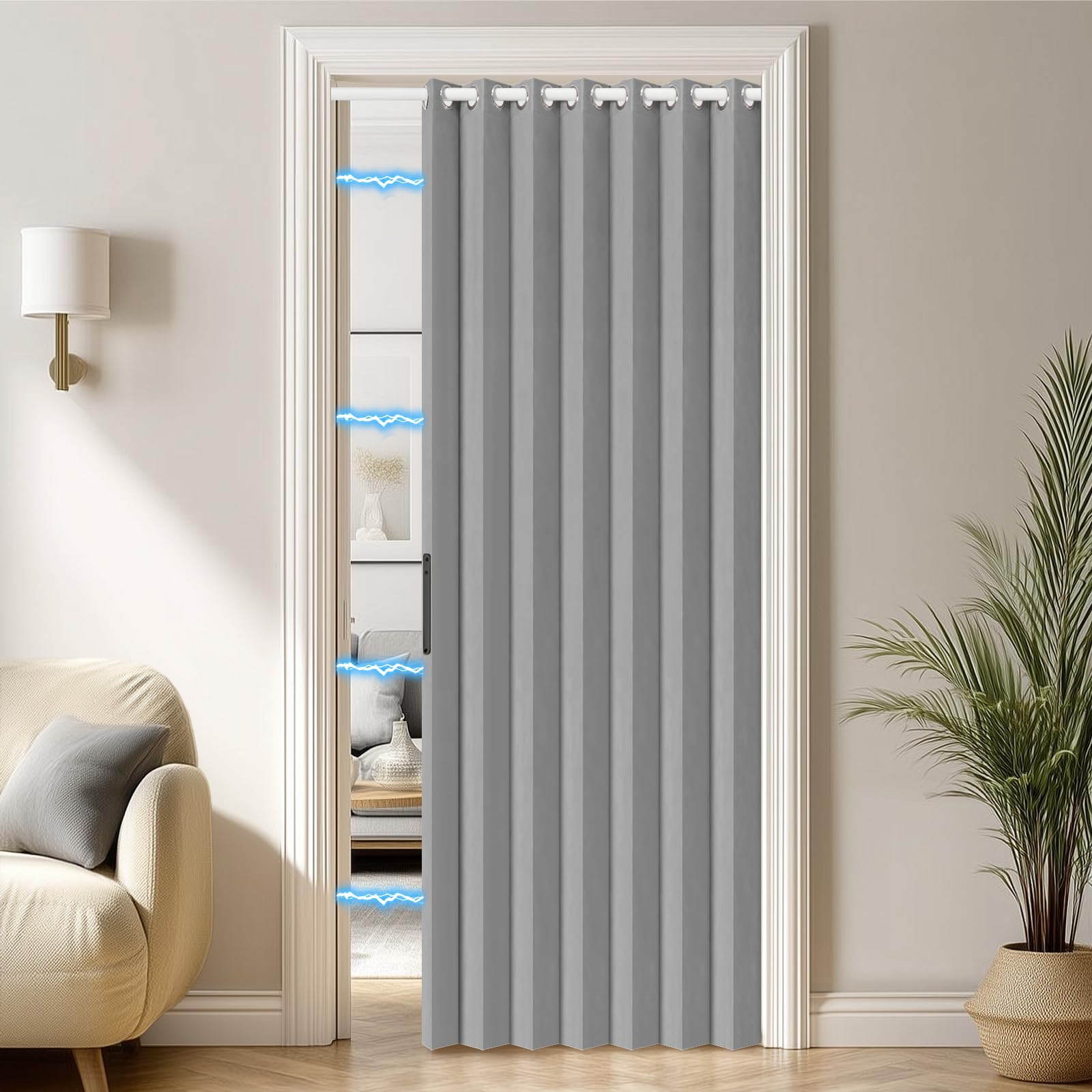 RINHARTEX Blackout Folding Door Curtain With Rod, Magnetic Accordion Door Interior, Sliding Door for Closet Pleated Concertina Doorway Curtain Room Divider Bedroom Living Room(54"x79", Grey)