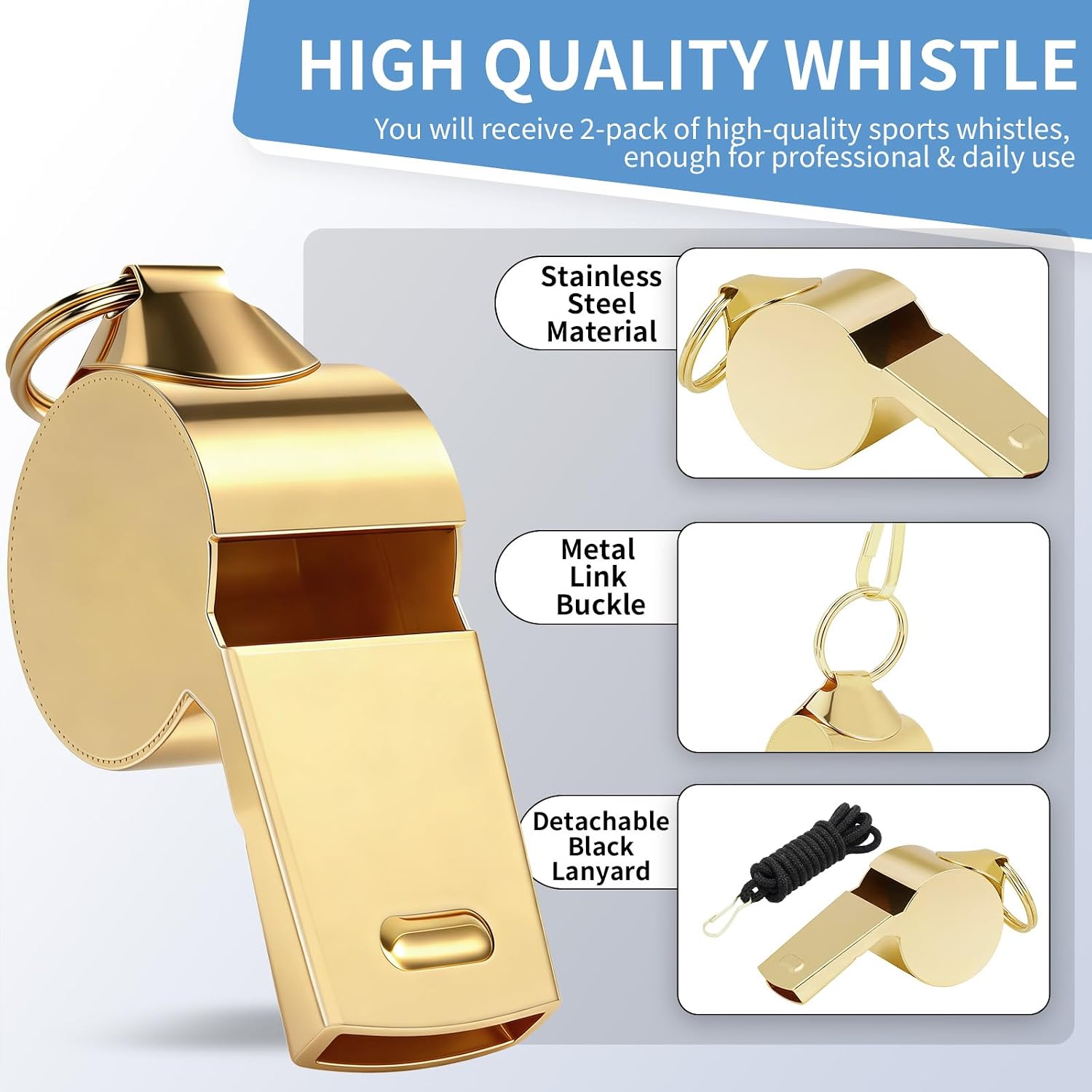 Whistle, 2 Pack Stainless Steel Sports Whistles with Lanyard, Loud Crisp Sound Whistles Great for Coaches, Referees, and Officials，Outdoor Enthusiasts,Life Saving,Hiking,Pets Training