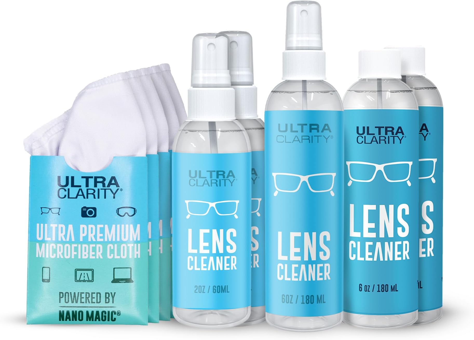 Powered by Nano Magic Eyeglass Lens Cleaning Spray 22oz Value Pack | 2 2oz Sprays, 6oz Spray, 2 6oz Refills, 5 Microfiber Cloths | Ideal for Glasses, Phone, Screens, Coated Surfaces