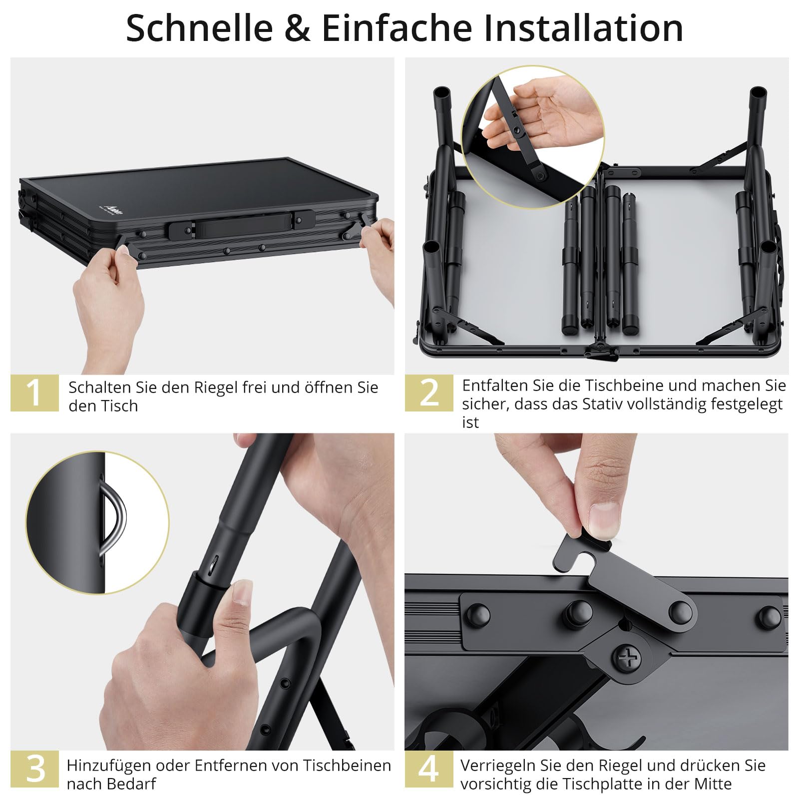 Anbte Campingtisch Klappbar 60x40cm Aluminium Rahmen 3 Höhenverstellbar 26/48/70cm Koffertisch mit Aufbewahrungsnetz Tragbar Picknicktisch für Camping Strand Balkon (Ganz Schwarz)