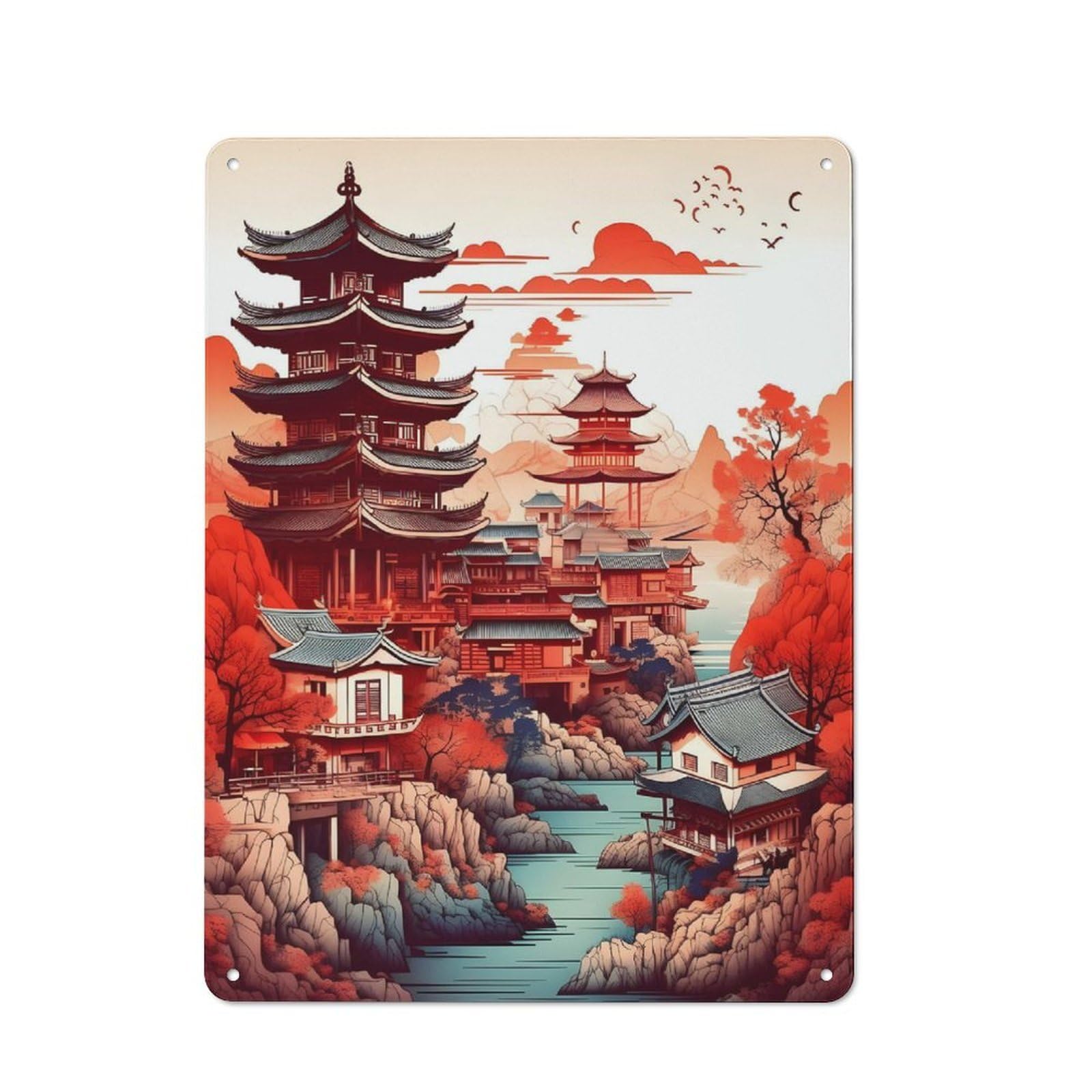 Junmoney Oriental Landscape Vintage Tin Sign 40X30cm Featuring For Workshop Wall, Gift For Metal Sign Collectors During The Christmas Season