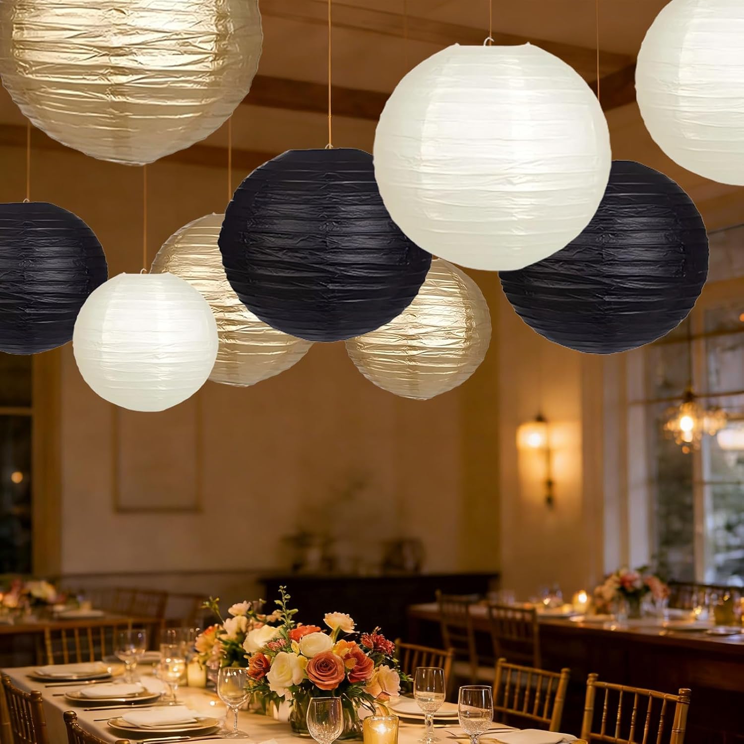 Pack of 12 Paper Lanterns Black Gold Round Paper Lantern Decoration for Communion, Christening, Wedding, Birthday Party Decoration