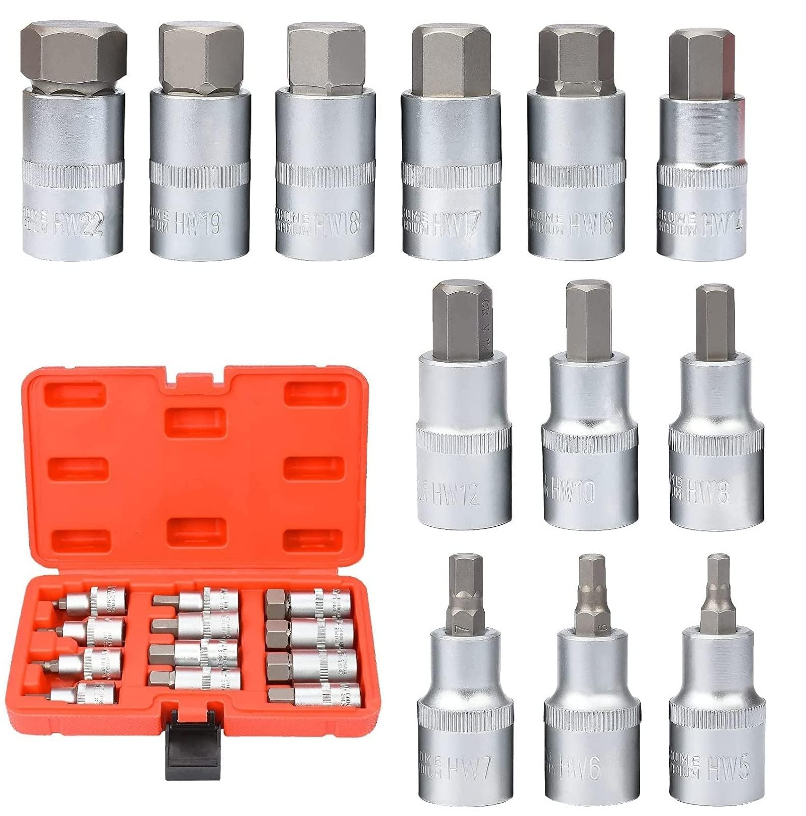 Set di punte per cacciavite, Set di chiavi a brugola, set di 12 pezzi di bussole esagonali, set di bit di cacciavite da 1/2" Premium S2 in acciaio legato da 5-22 mm Kit