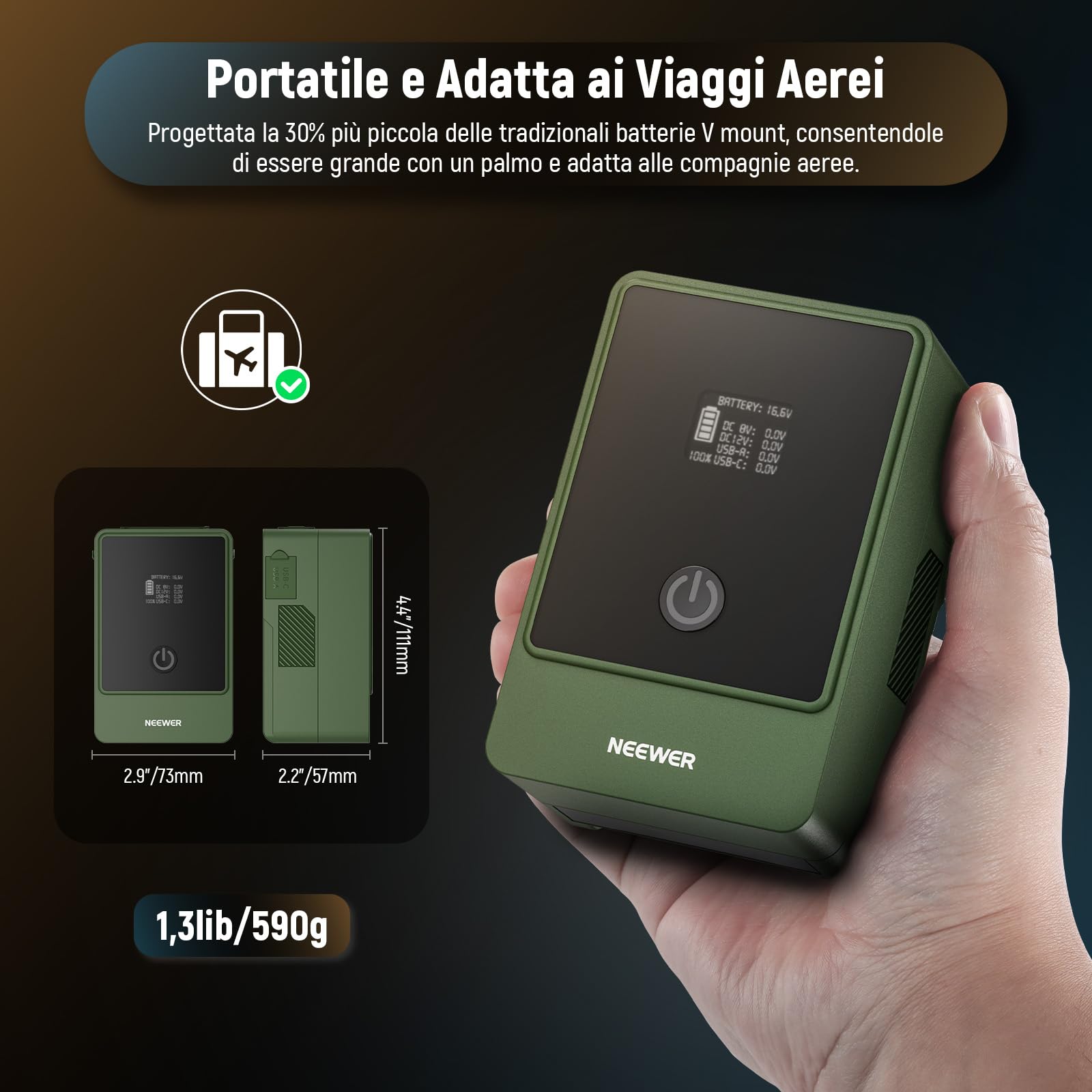 NEEWER Mini Batteria V Mount da 6800mAh 99Wh 14,5V, V Lock Battery con Uscita PD 65W Tipo C/D Tap/BP/USB A/Due Porte DC/Schermo OLED per Videocamera Compatibile con SmallRig BMPCC 4k 6k, PS099E Verde