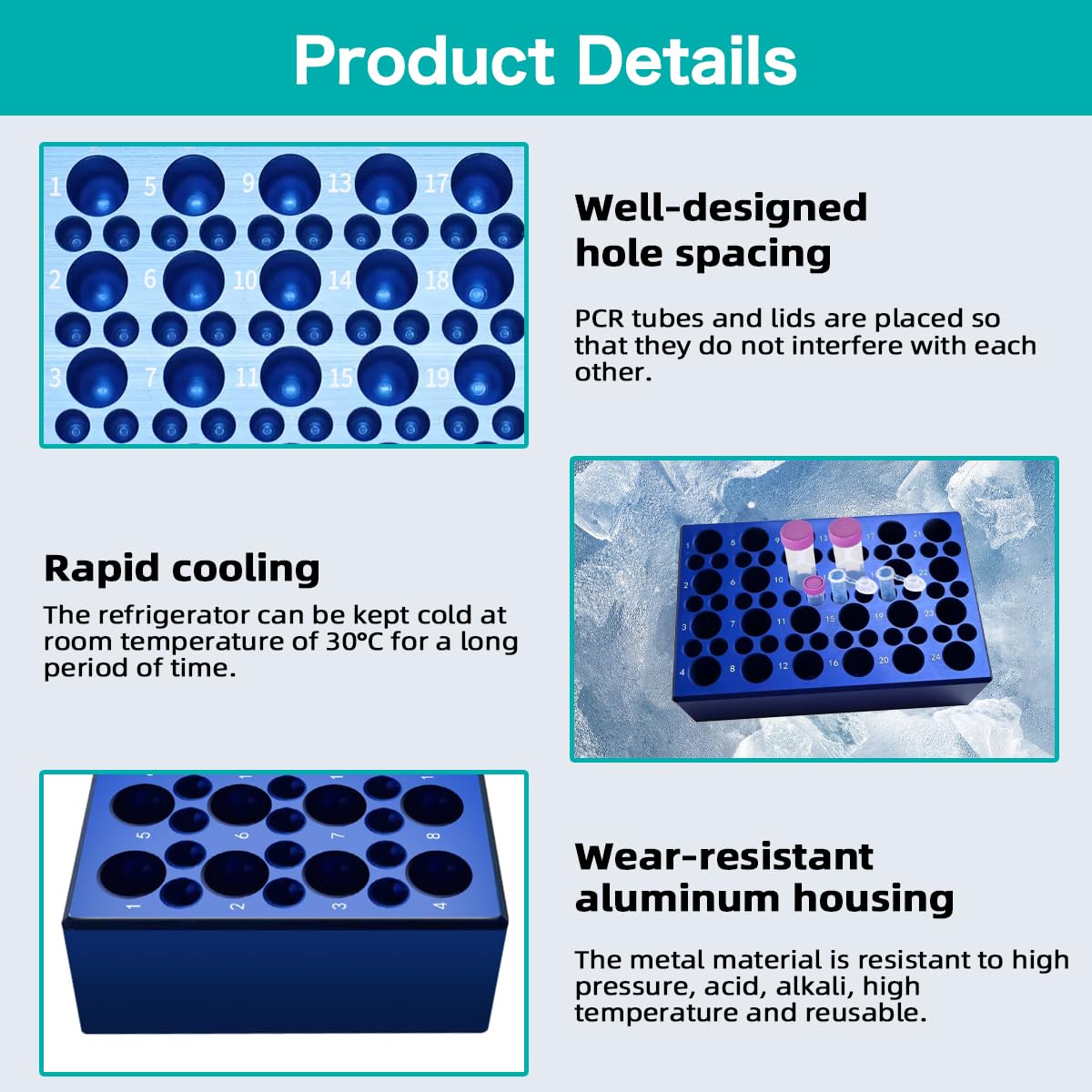 Aluminum Cooling Block - 60 Well PCR Tubes Cooler,24-Well for 1.5ml /2ml Tubes, 36-Well for 0.2ml PCR Tubes