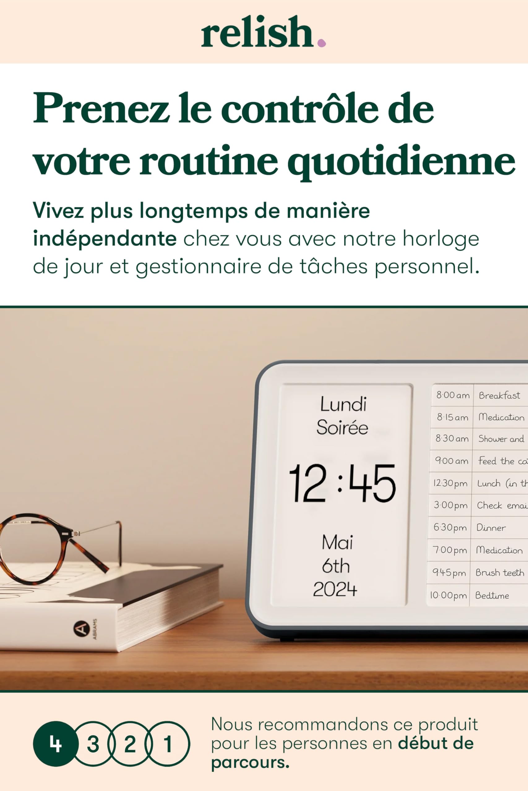 Relish - Horloge numérique avec concentrateur de tâches quotidiennes, calendrier avec jour, date et heure, grand écran clair