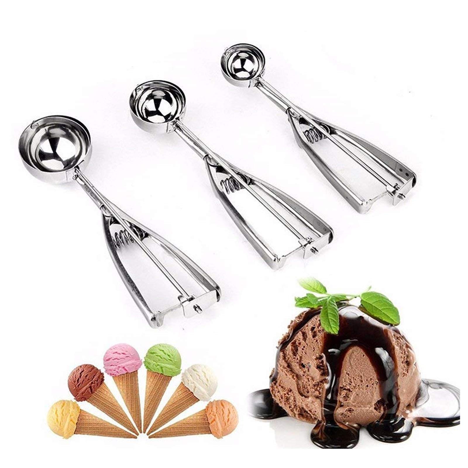 Ice Cream Scoops Stainless Steel Cookie Scoops Ice Cream Scooper with Trigger Meat Ballers Potato Mashers Melon Ballers Spoon (Silver, S+M+L)