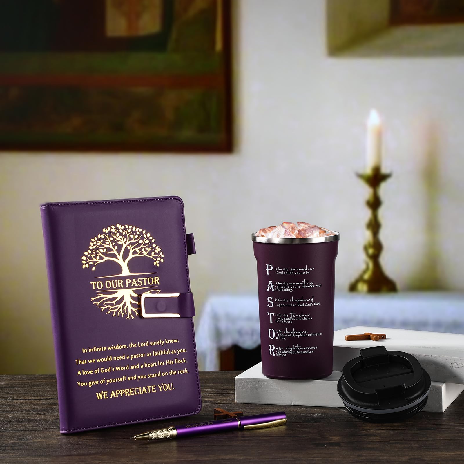 Set mit 3 Pastoren-Wertschätzungsgeschenken – Edelstahlbecher, A5, Tagebuch, inspirierender Kugelschreiber für Pastor, Mann, Ruhestand, Jahrestag, Geburtstag, Geschenk (Roman, Violett)