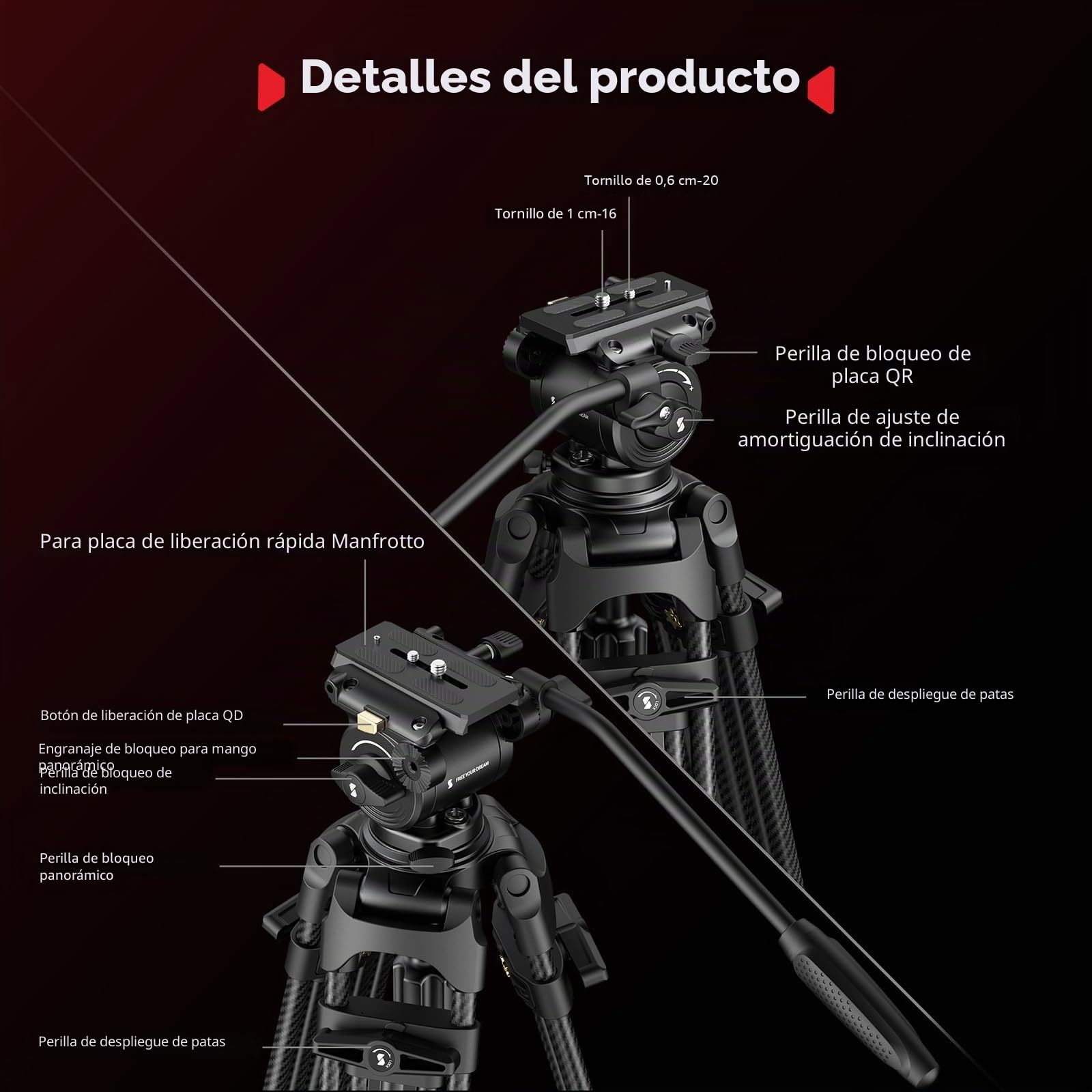 SMALLRIG Trípode de Fibra de Carbono FreeSpeed, 75" con Cabeza Fluida para Placa Manfrotto, Extensión Rápida, Carga 22 LB, para DSLR y Cámaras de Video - 5443