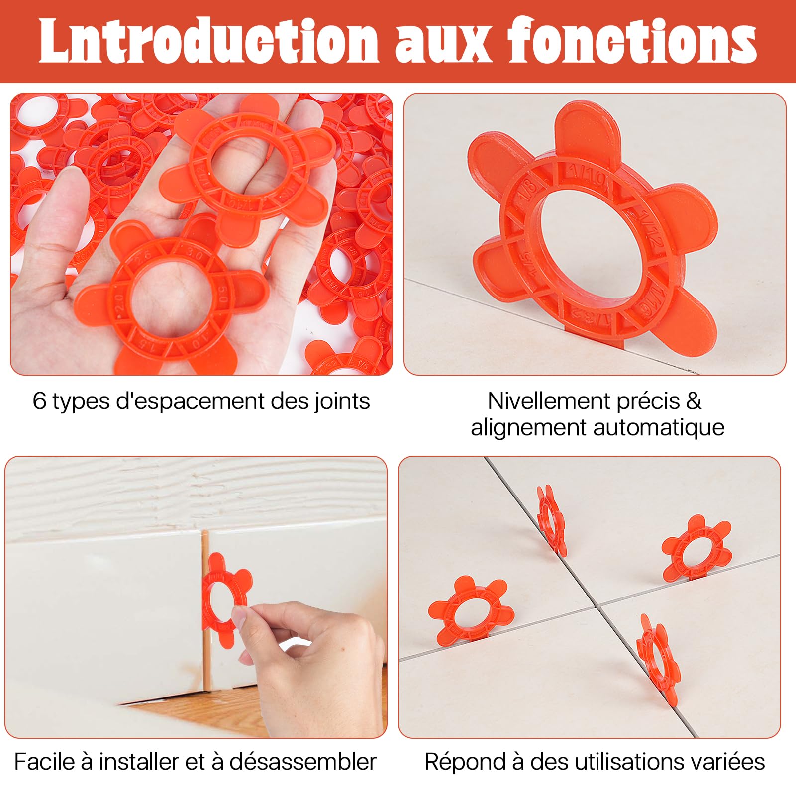 100 espaciadores hexagonales reutilizables para baldosas, 6 medidas en 1 (1 mm, 1.5 mm, 2 mm, 2.5 mm, 3 mm, 5 mm), para juntas precisas y retirada rápida (100 unidades, rojo)